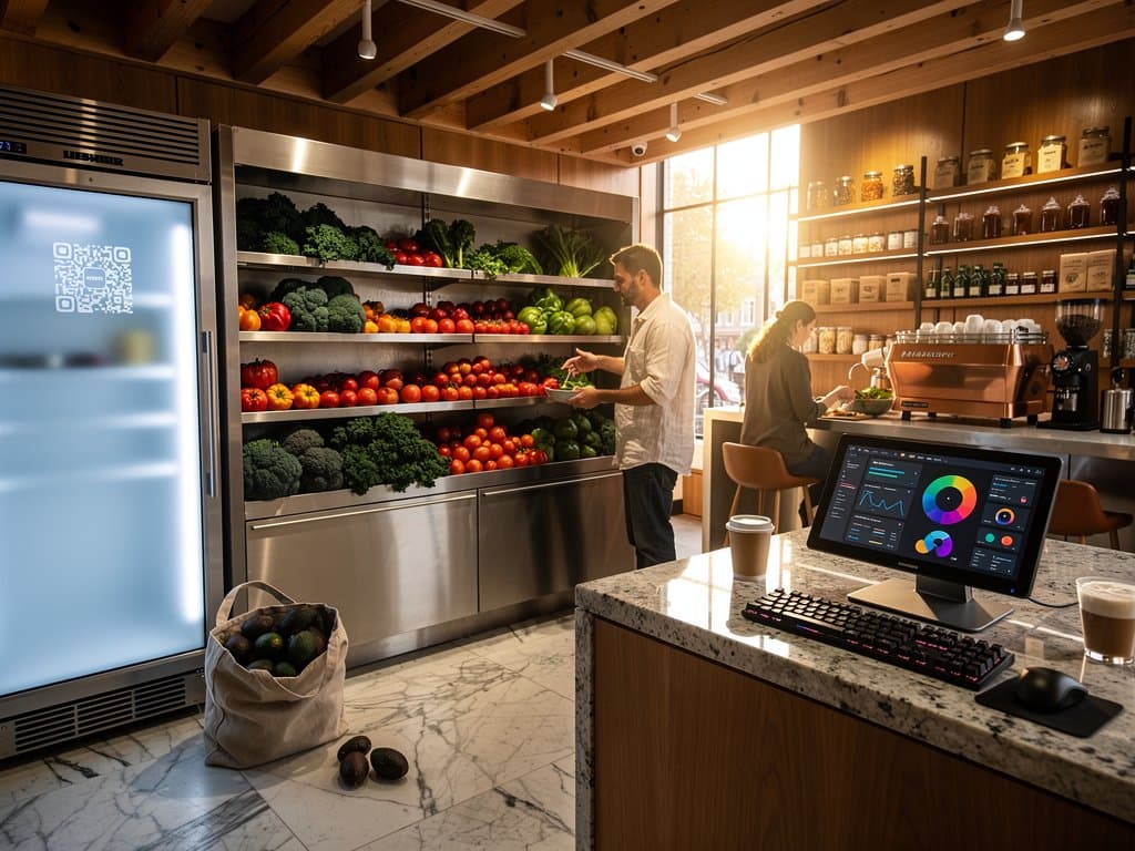 Premium Andon Market interior in Cow Hollow with AI Luna screen, aluminum shelves, and LED-lit produce displays