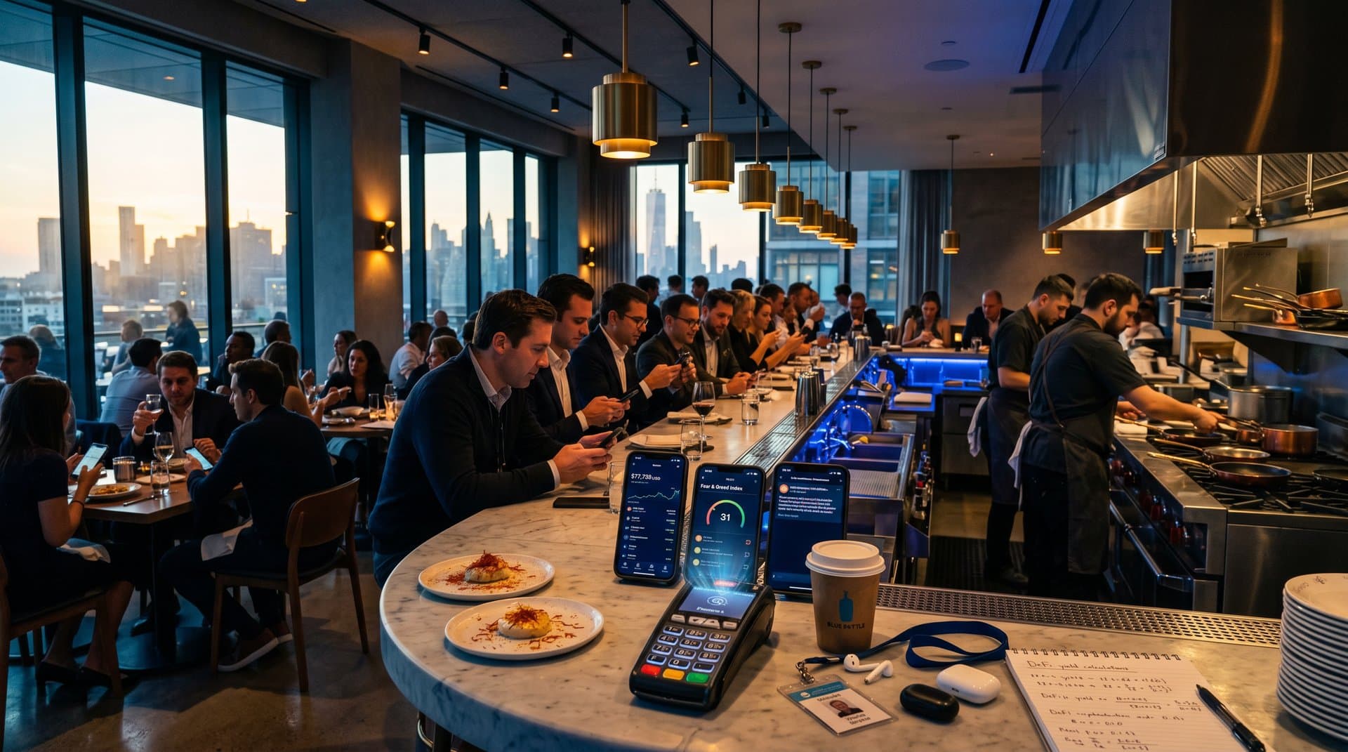 Urban restaurant bar with paused crypto payment terminal, smartphones showing Bitcoin drop to $77,739 USD and US Iran sanctions news amid Fear & Greed 31