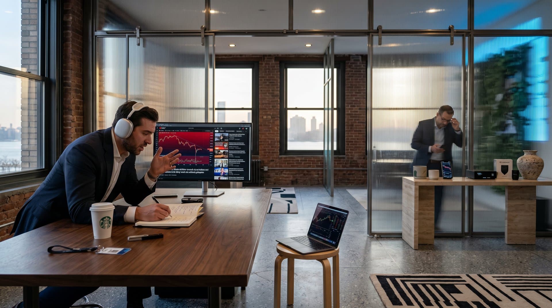 SoHo loft desk with Ledger wallet, Artek stool, crypto charts on monitor amid fluted glass and terrazzo tiles