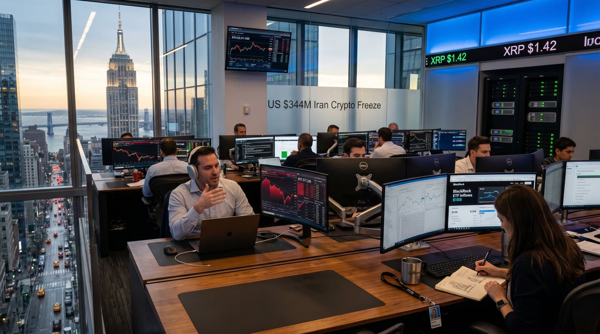 Trading floor screens show BTC dip to $77k and $344M Iran crypto freeze amid urban market fear