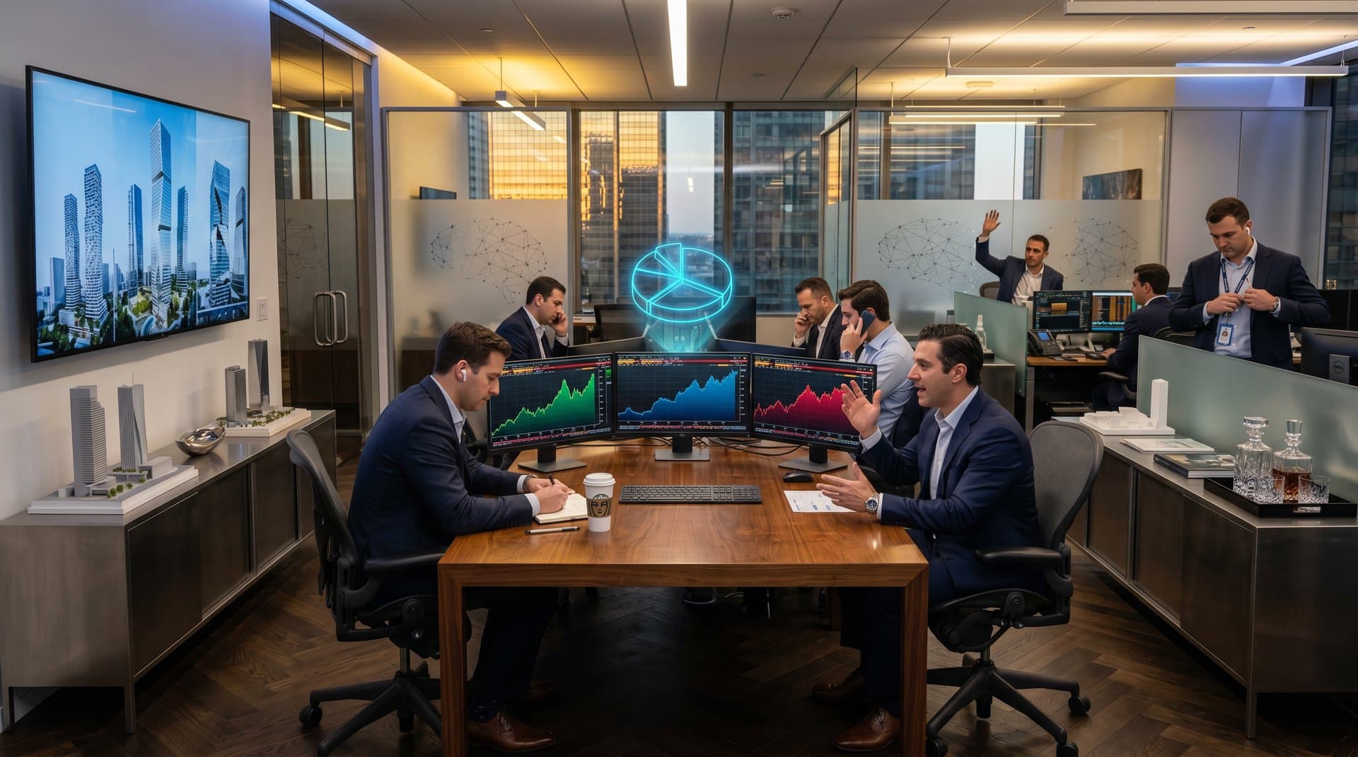 Trading floor screens display Bill Ackman AI stocks GOOGL, MSFT, UBER charts with New York skyline