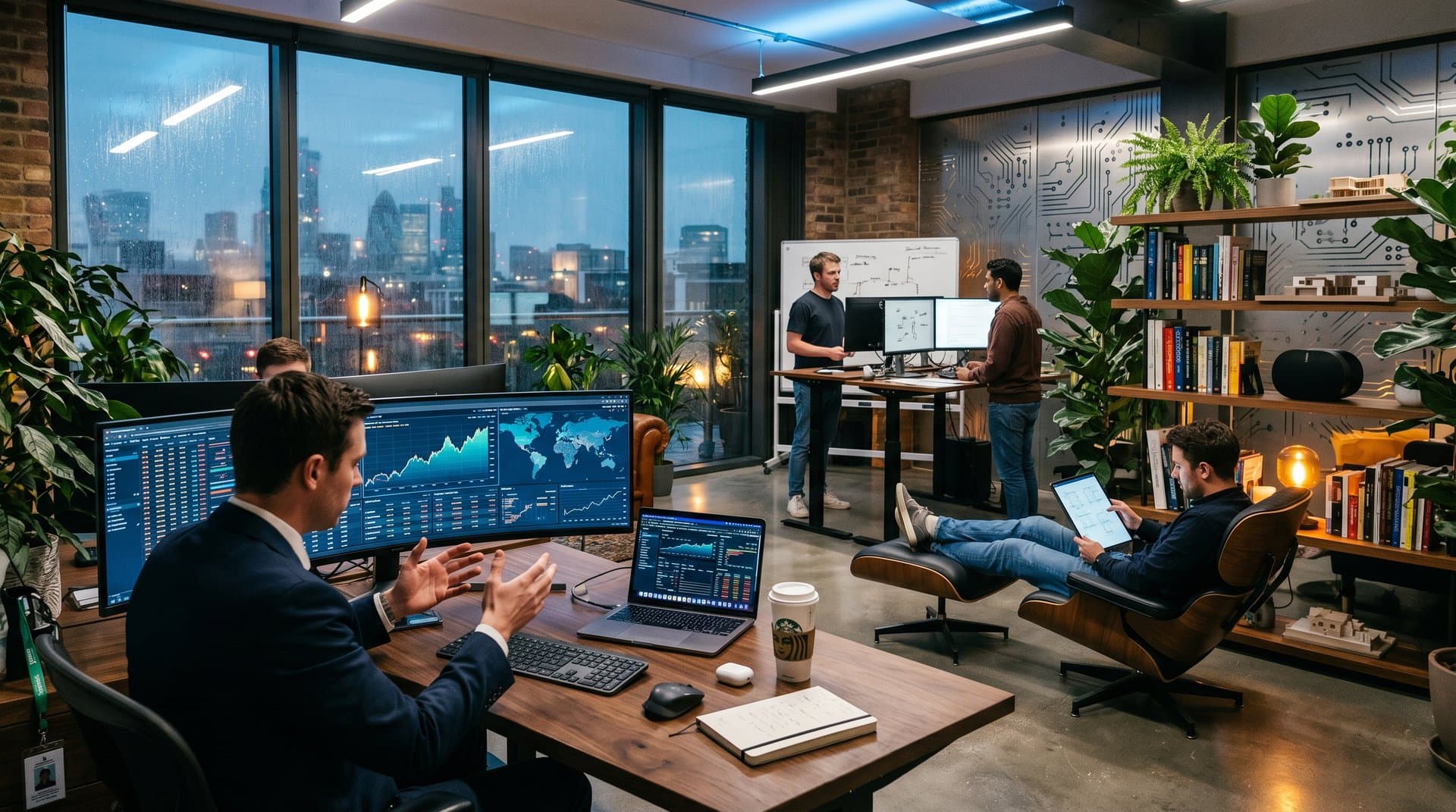 Shoreditch loft desk with monitors displaying C3.ai AI stock +26% chart, smart city visuals, London skyline view