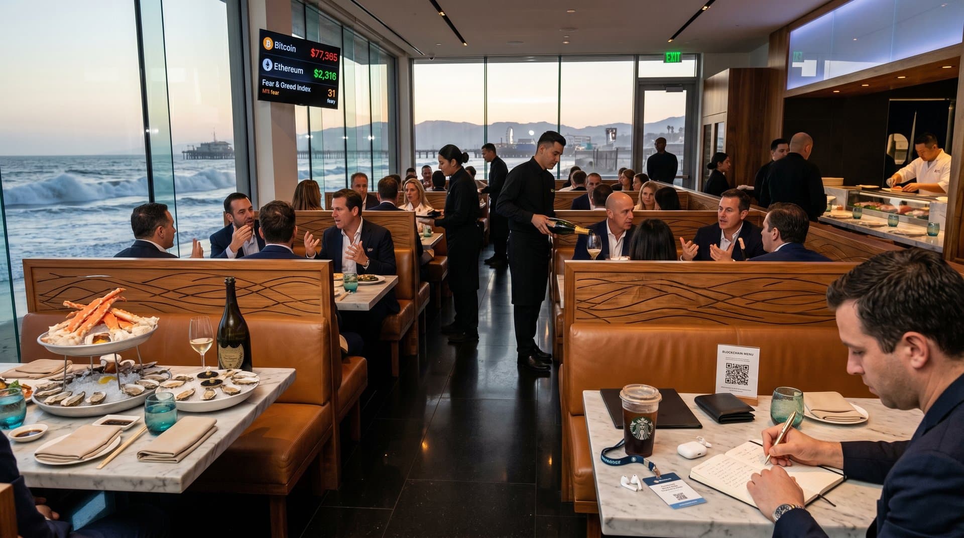 Luxurious Malibu restaurant interior with teak partitions, marble tables, seafood towers, ocean views, and crypto ticker screen evoking SoCal excess