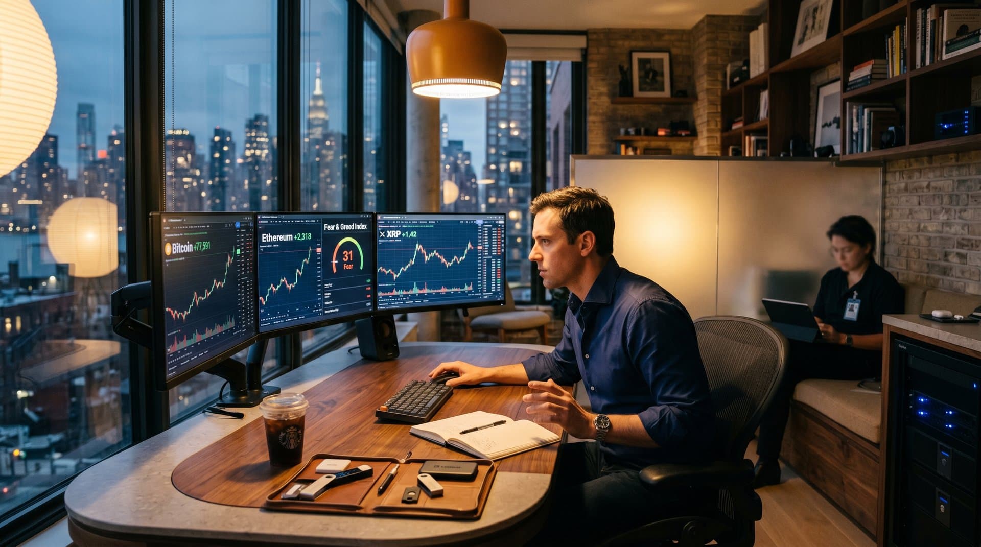 Modern trading desks with Bloomberg Terminals showing BTC $77k, Fear & Greed 31, crypto charts under Artek lights and frosted partitions