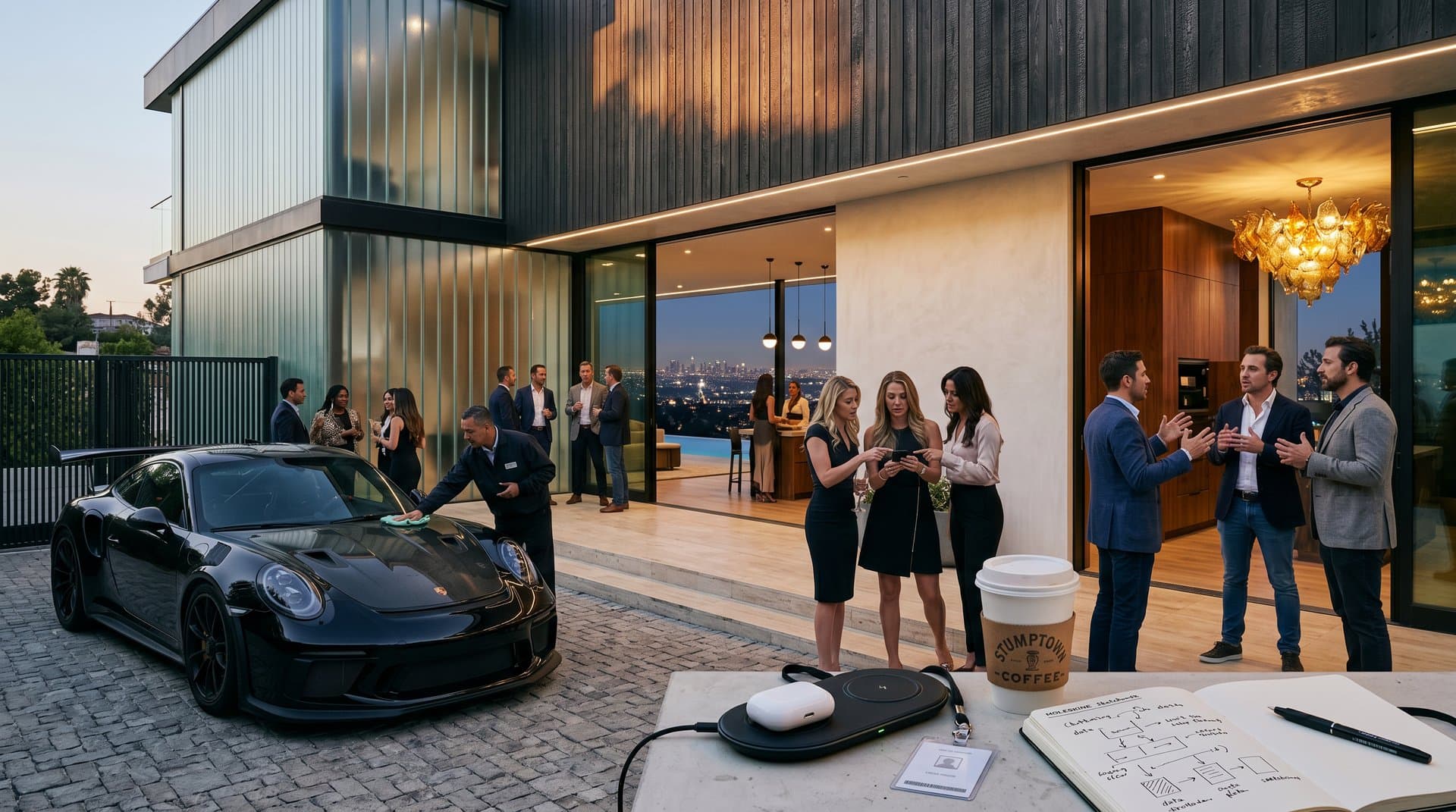 Hollywood Hills villa with fluted glass facades, Porsche GT3 RS, crypto elements under dusk lighting over LA skyline