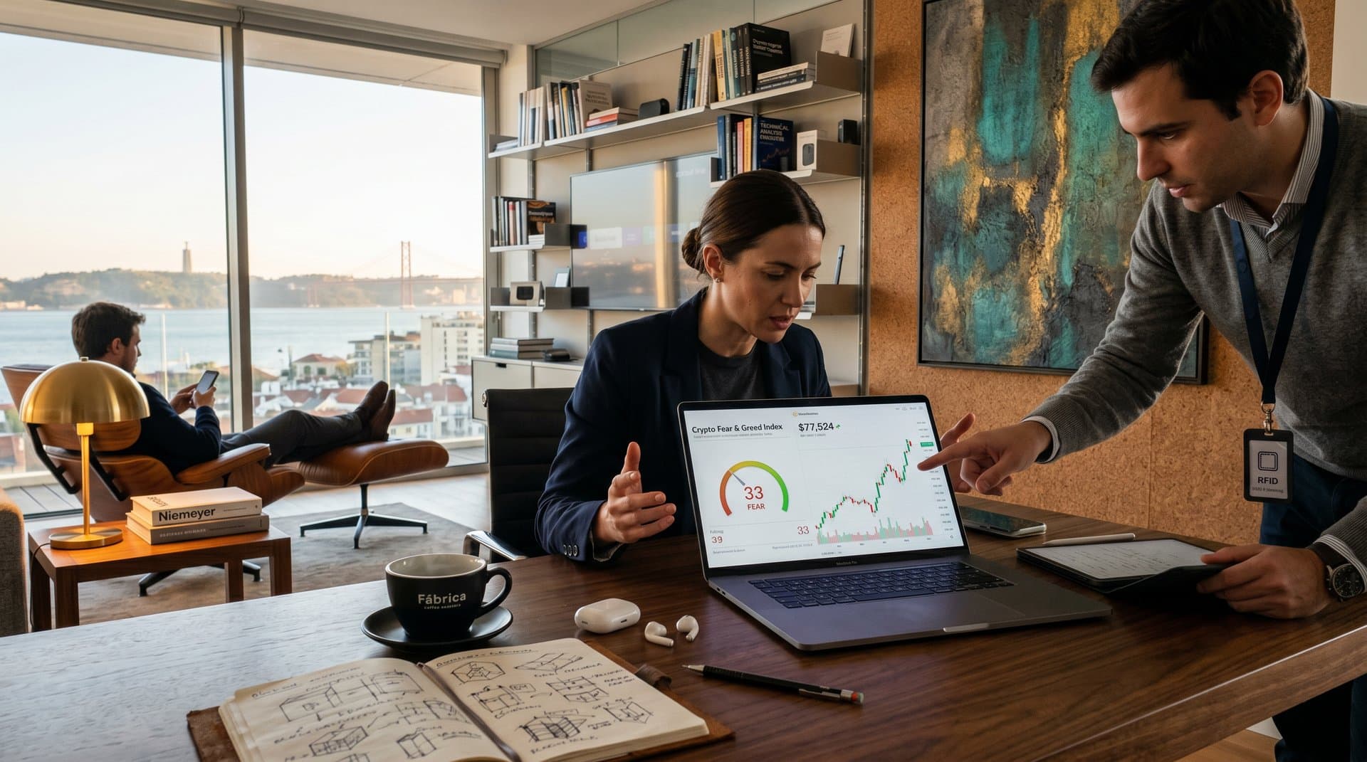 Urban loft desk with MacBook showing cryptocurrency scheme news, Fear & Greed 33, and BTC at $77k amid modern design elements