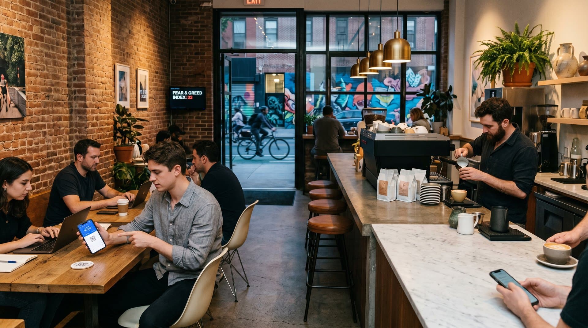 Urban cafe diners pay with cryptocurrency QR code amid modern Brooklyn interior