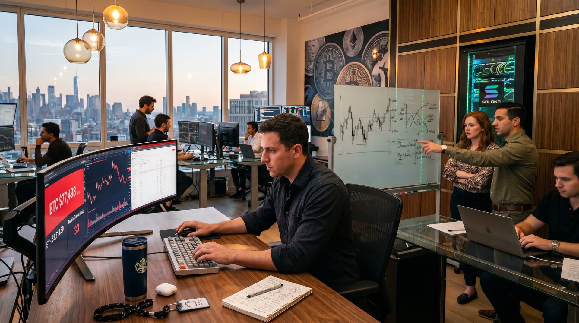 Urban trading desk monitors BTC at $77K, ETH prices, and Fear & Greed Index amid sleek design elements and city views