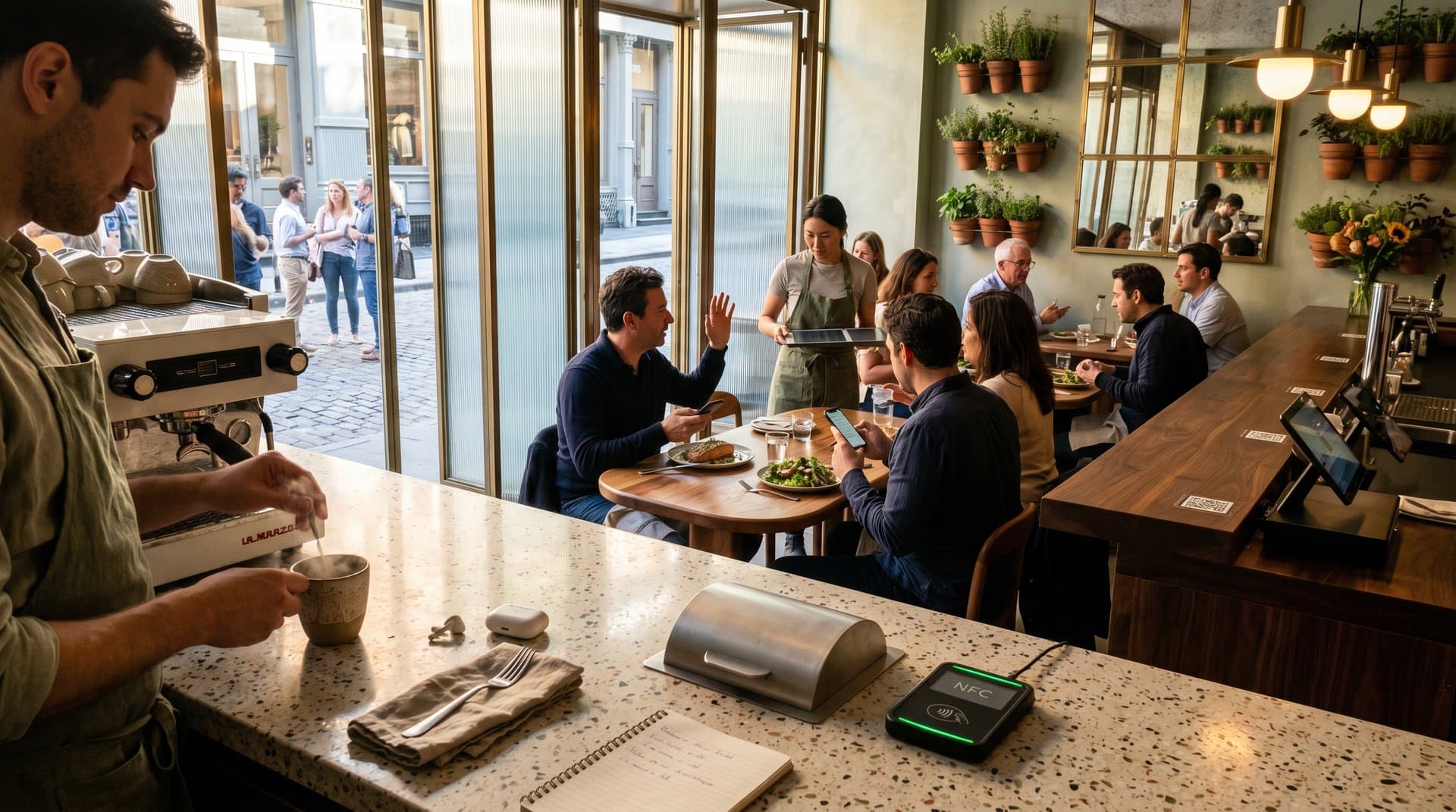 Eco-smart SoHo bistro with NFC terminals, designer pods, walnut bars, and cashless payment elements