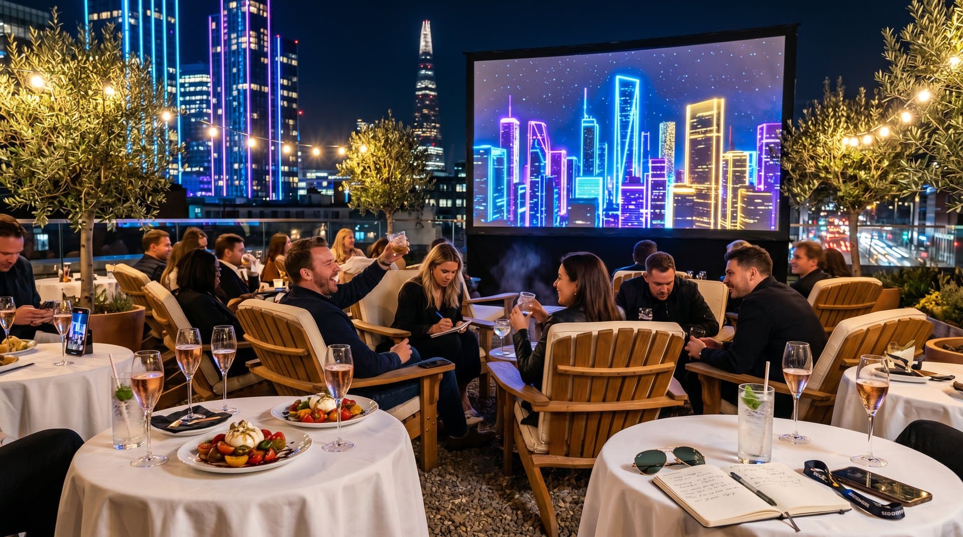 Rooftop cinema screen projects Cannes AI film festival surreal cityscape amid cocktails and city lights on urban terrace