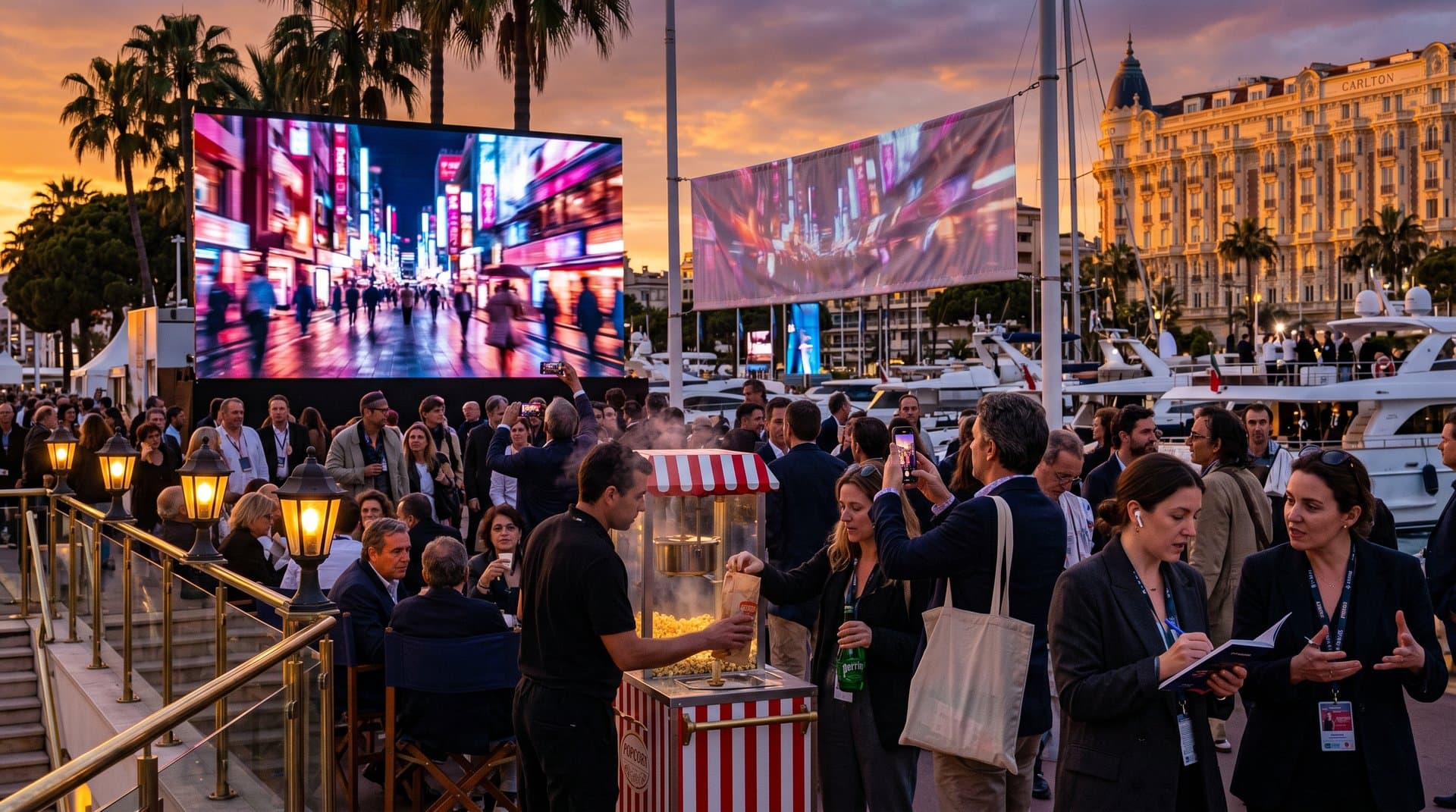 Cannes La Croisette AI film screening at twilight with urban projections, palm-lined promenade, and festival ambiance