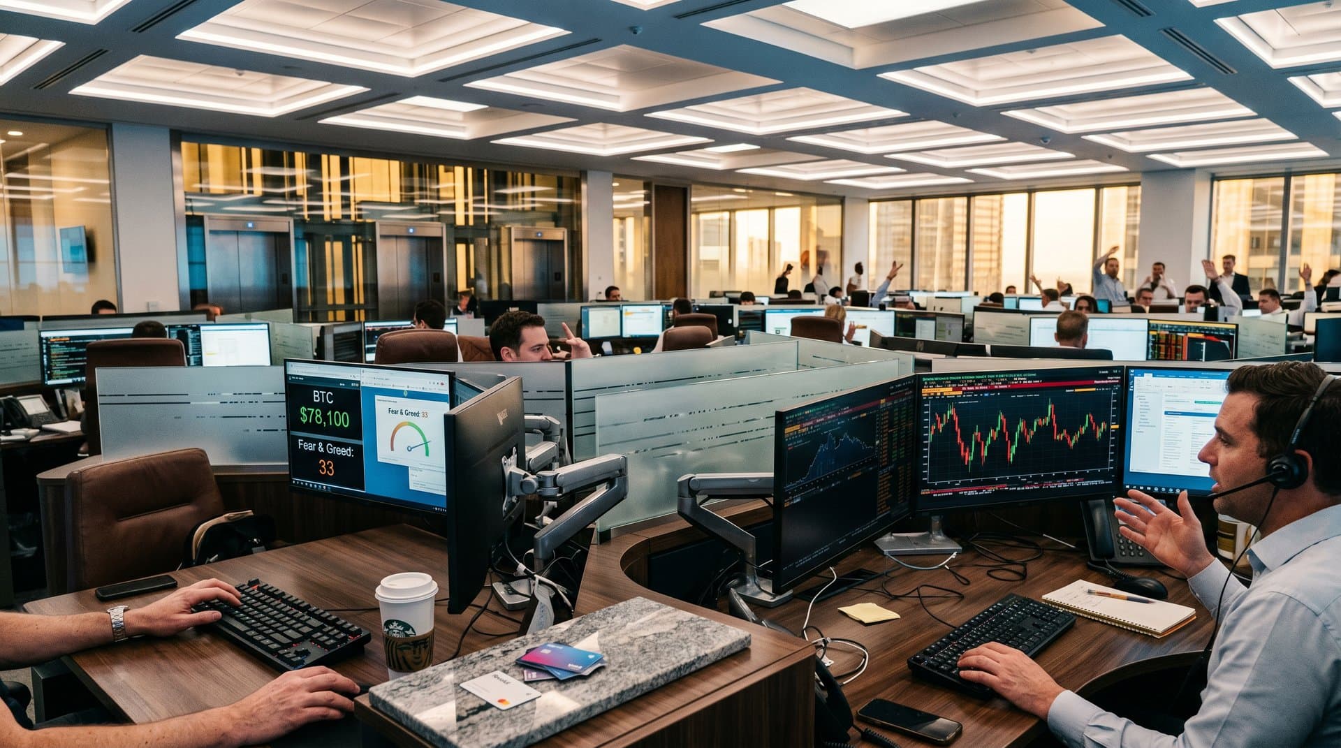 Trading desks with multi-monitors showing BTC at $78,100 USD, Fear Index 33, coffee cups, and financial tools under LED lights