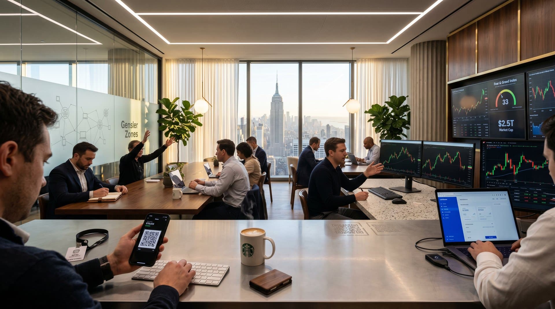 Urban co-working space with desks showing BTC prices, QR code scans for payments amid glass partitions and walnut tables