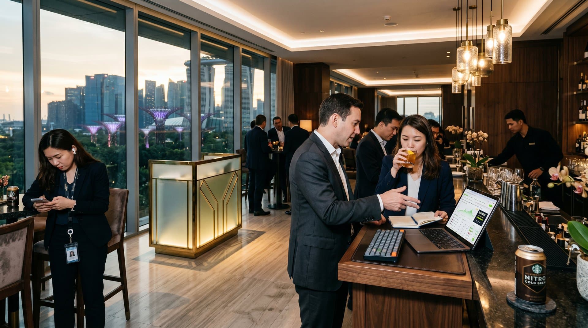 Urban professionals in Marina Bay Sands lounge review crypto charts over cocktails amid skyline views