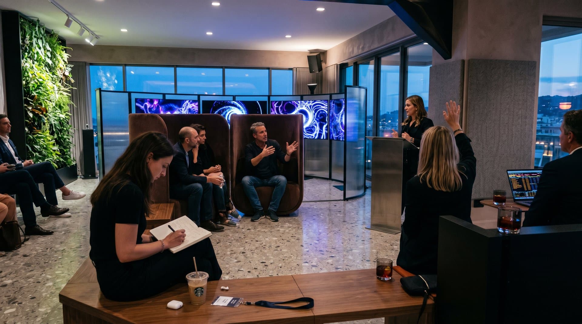 Urban loft screening AI films on OLED screens amid terrazzo floors, fluted glass, and city skyline