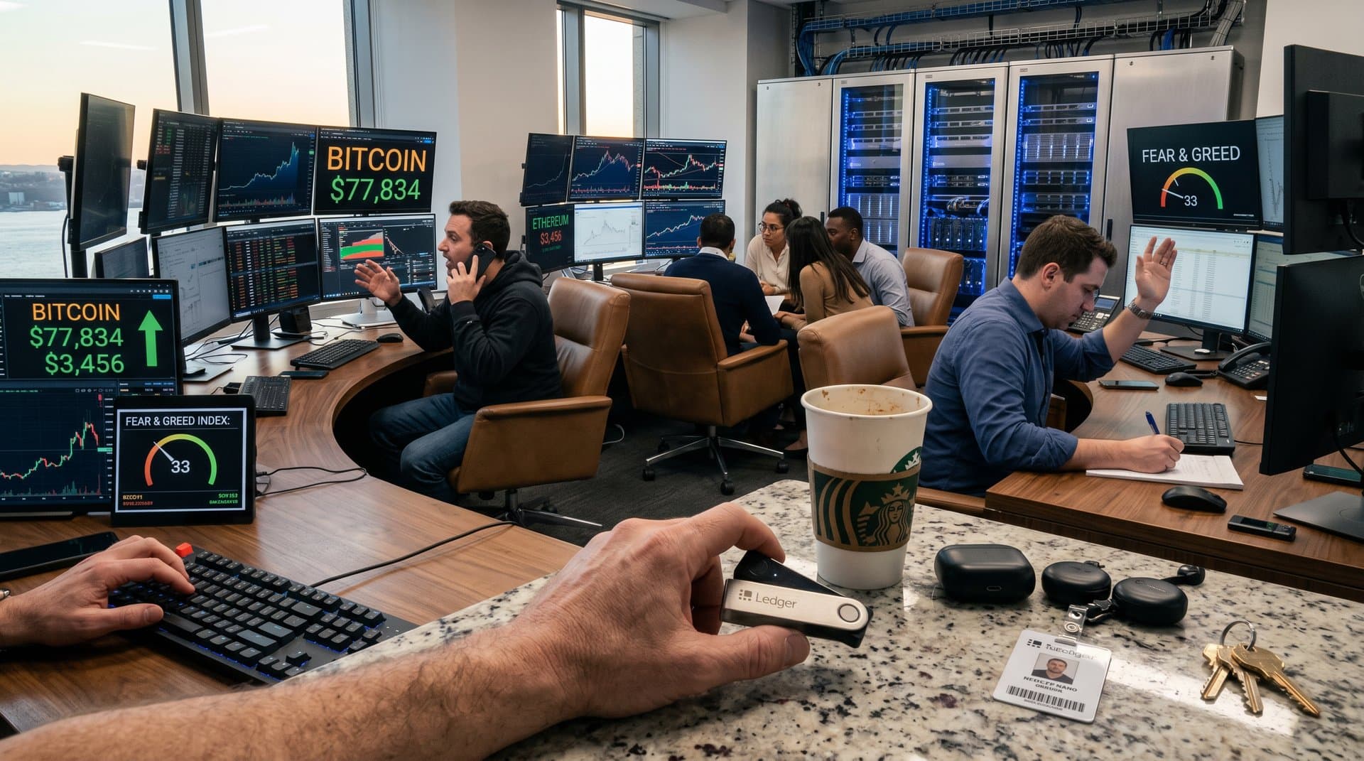 Modern trading desks with multi-monitor crypto charts showing BTC at $77,834 and Fear & Greed Index in bustling urban office