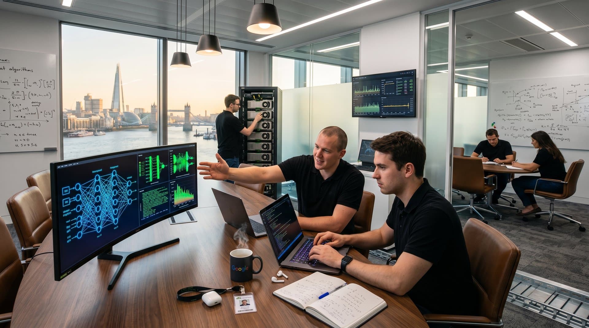 High-tech AI lab with NVIDIA GPU racks, neural net screens, modern walnut tables, and Thames view in sleek research environment