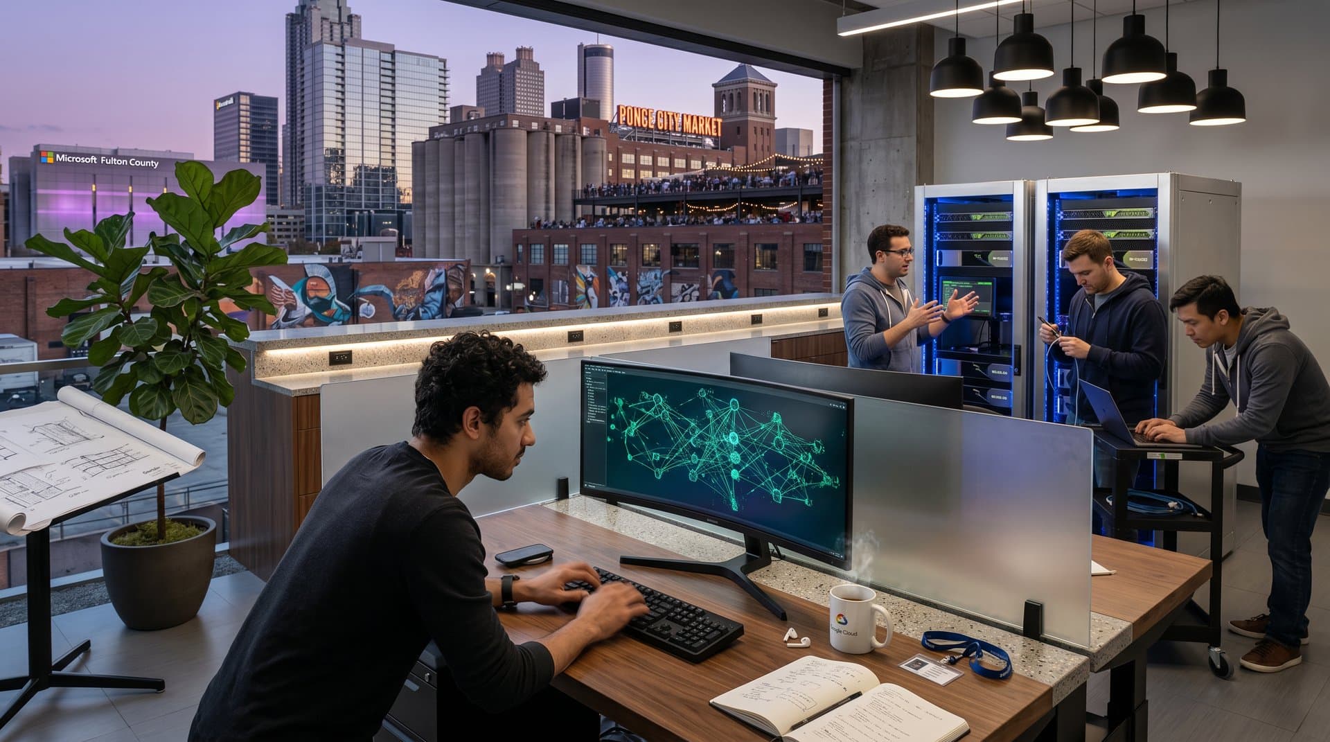 Atlanta skyline with Ponce City Market, AI data center glows, walnut desk setup, neural network monitor, server racks in tech office