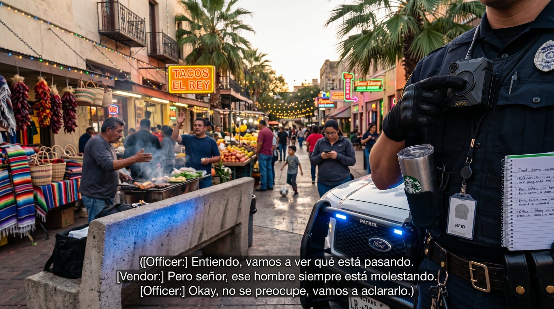 AI body cam on tactical vest overlays translation subtitles on San Antonio street scene with taquerias and market details