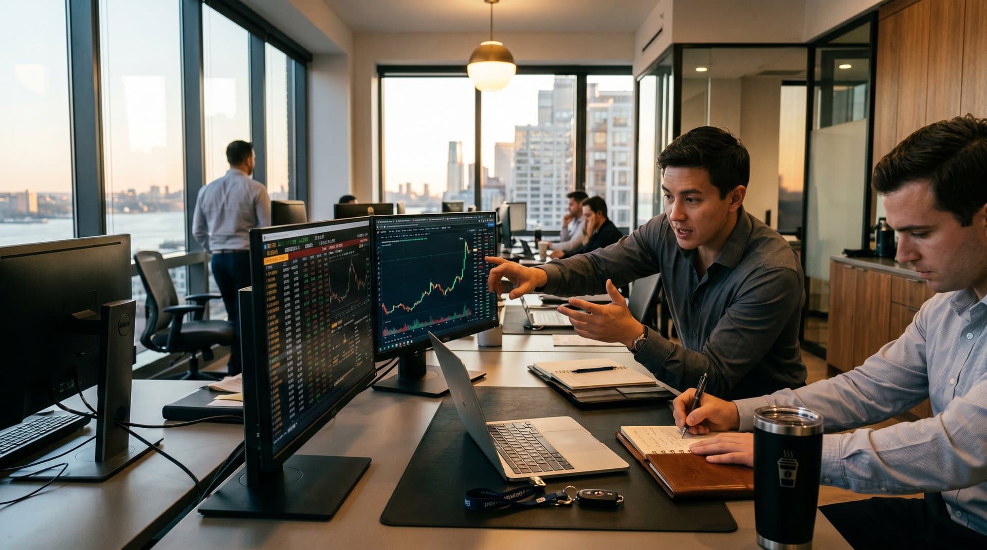 Modern loft desk with screens showing BTC at $77,989, Fear & Greed 33, walnut cabinets, glass partitions, city skyline, tech luxury details.