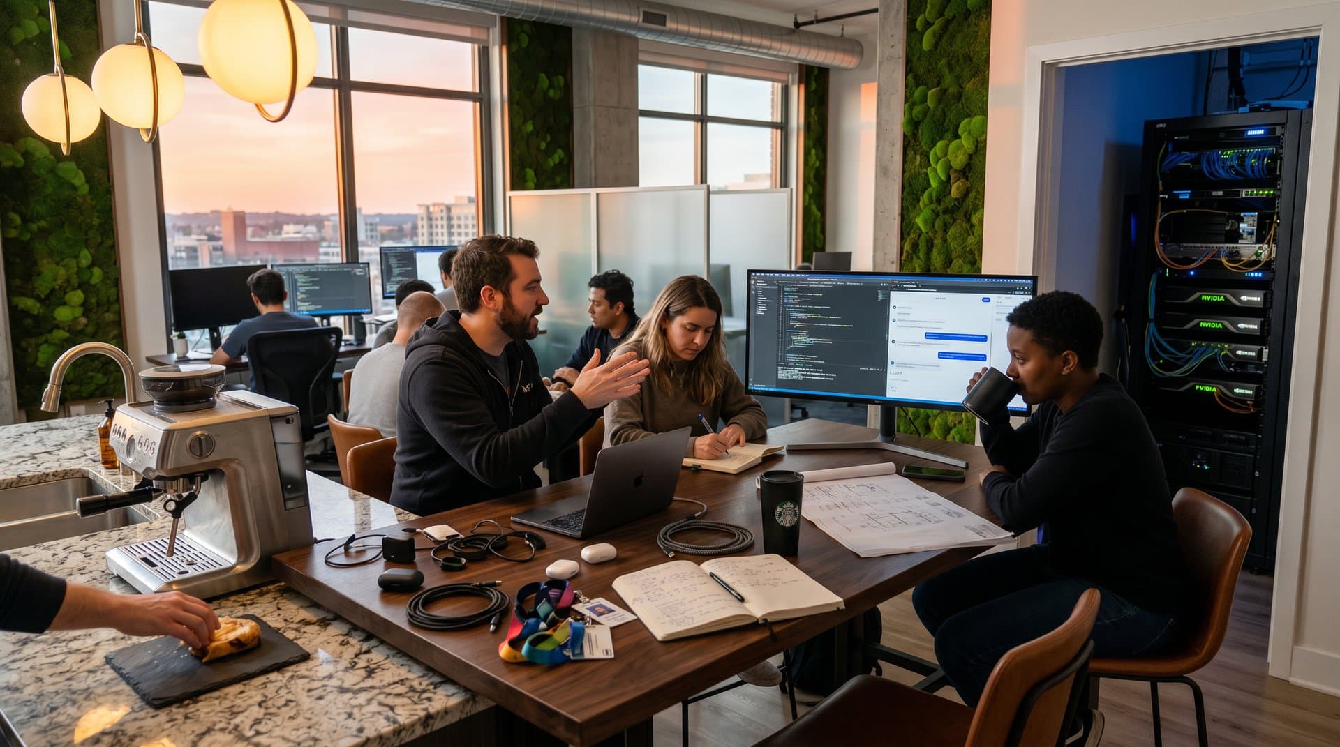 Modern loft kitchen with dark walnut table, coffee mugs, pastries, AI chatbot screens, premium appliances under layered lighting and biophilic moss walls