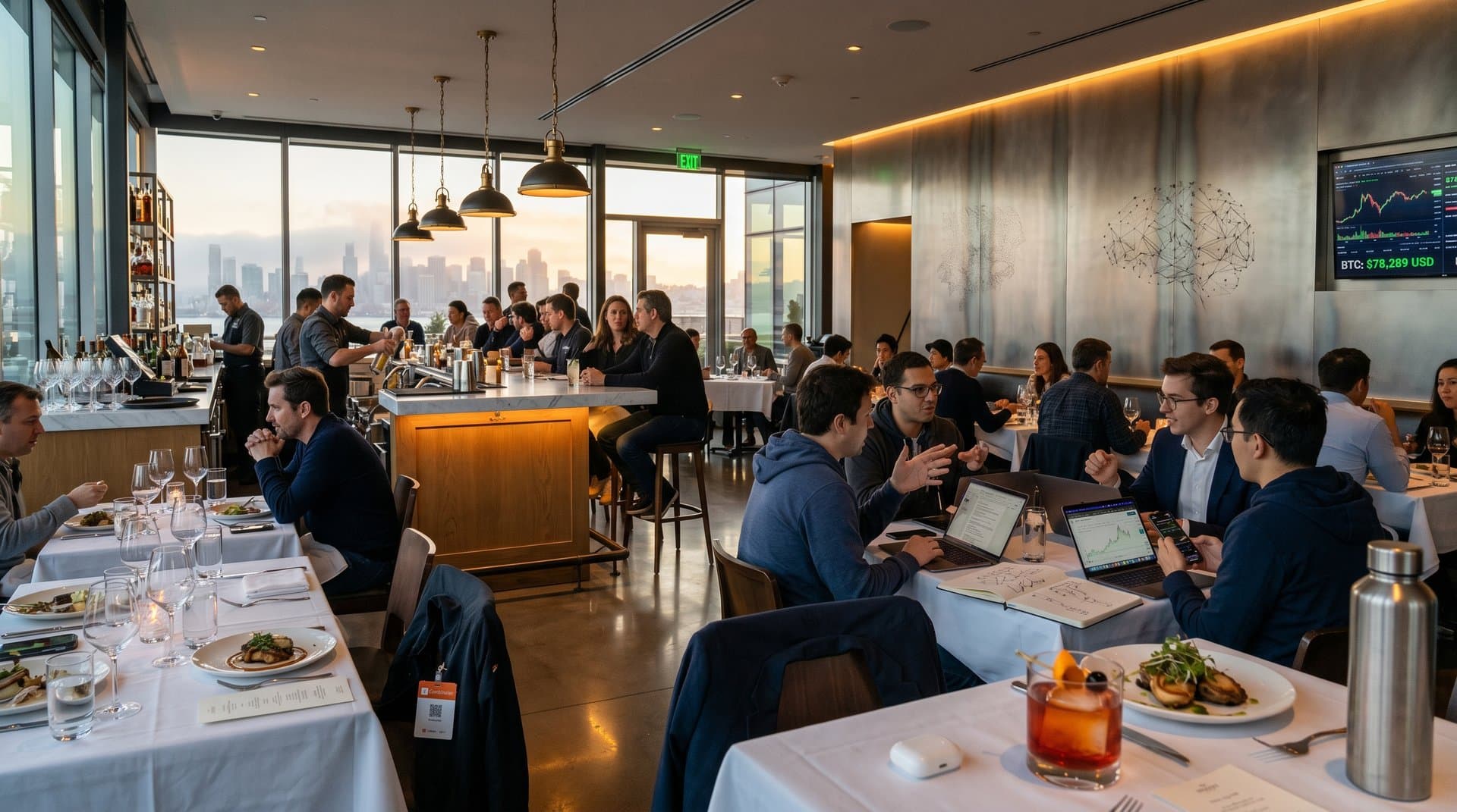 Empty SoMa restaurant bar with AI engineers, Bitcoin screen, San Francisco skyline at dusk