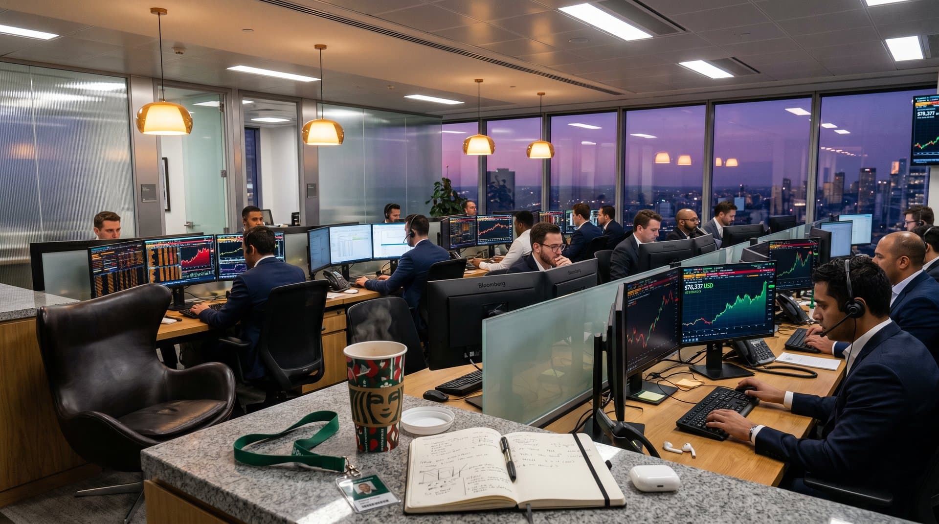 Urban trading floor with oak desks, Bloomberg terminals showing BTC at $78k and ETH charts, city skyline view