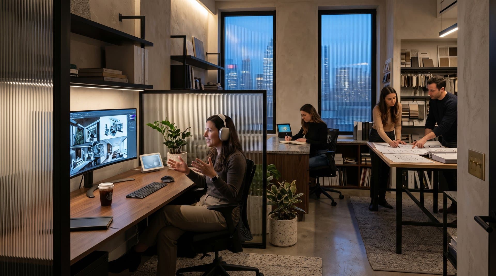 Urban studio with walnut desk, Nest Hub, LG OLED, fluted glass vs AI flattery in smart home design (78 chars)