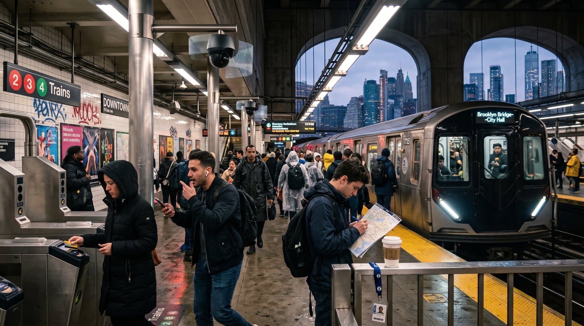 Urban subway surveillance cameras overlook blurred crowds on rain-slicked platform evoking AI facial recognition threats to city anonymity