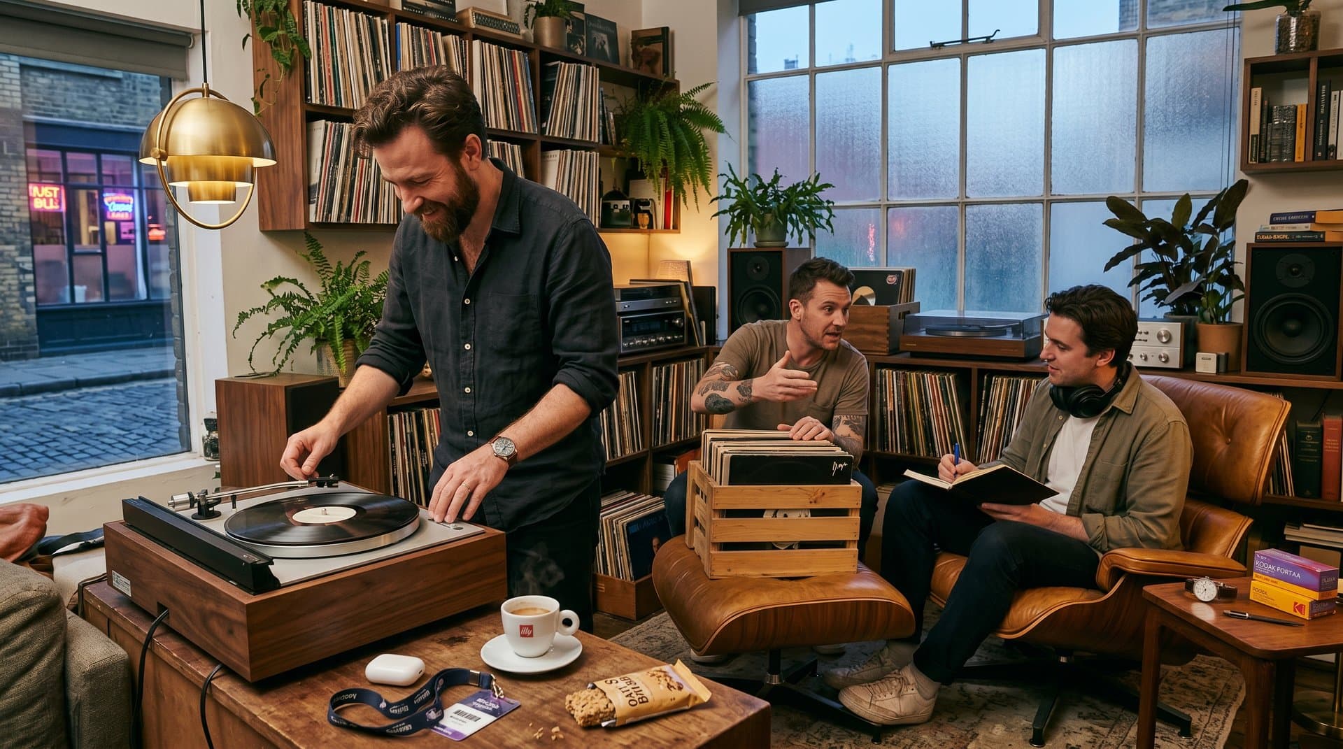 Shoreditch loft with Bang & Olufsen turntable, Nomos watch, Eames chair, and vinyl records evoking analog urban revival
