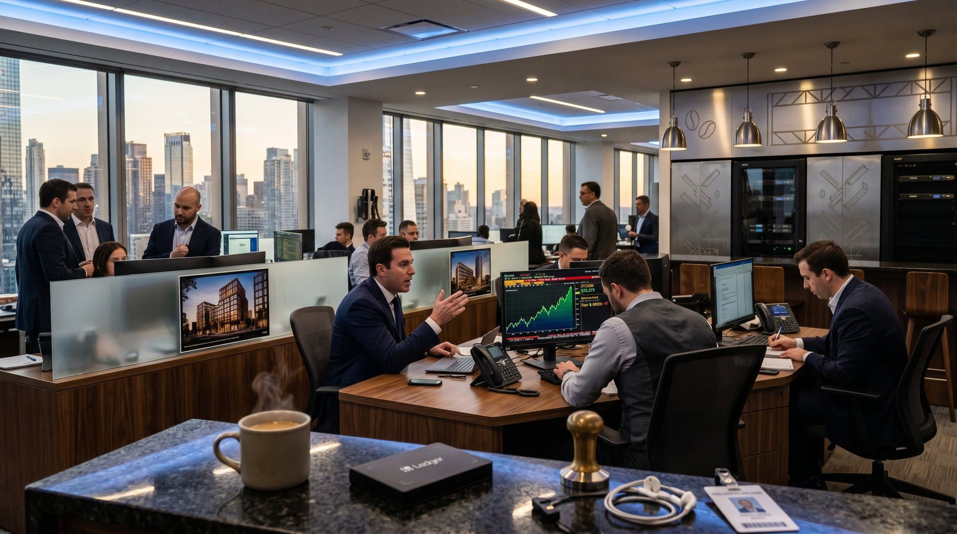 Trading floor desks with Bitcoin charts at $79K, coffee mugs, and urban skyline views symbolizing crypto-driven city redesigns