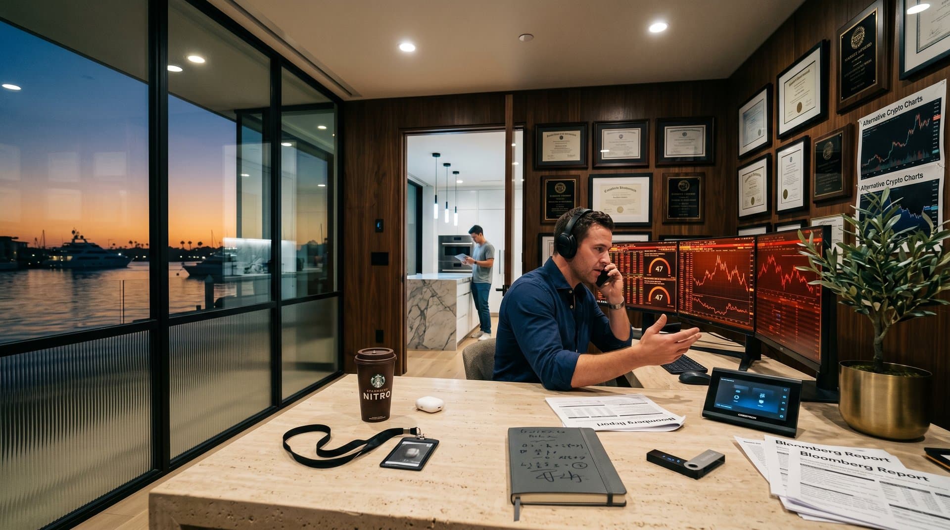 Newport Beach luxury home office with crypto charts crashing on monitors, ocean view through fluted glass, dim recessed lights