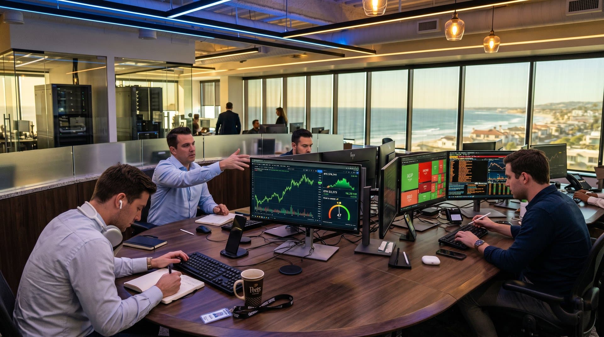 Trading desk with Bloomberg terminals showing BTC $78K amid Newport Beach coastal views, SEC alerts, and crypto charts
