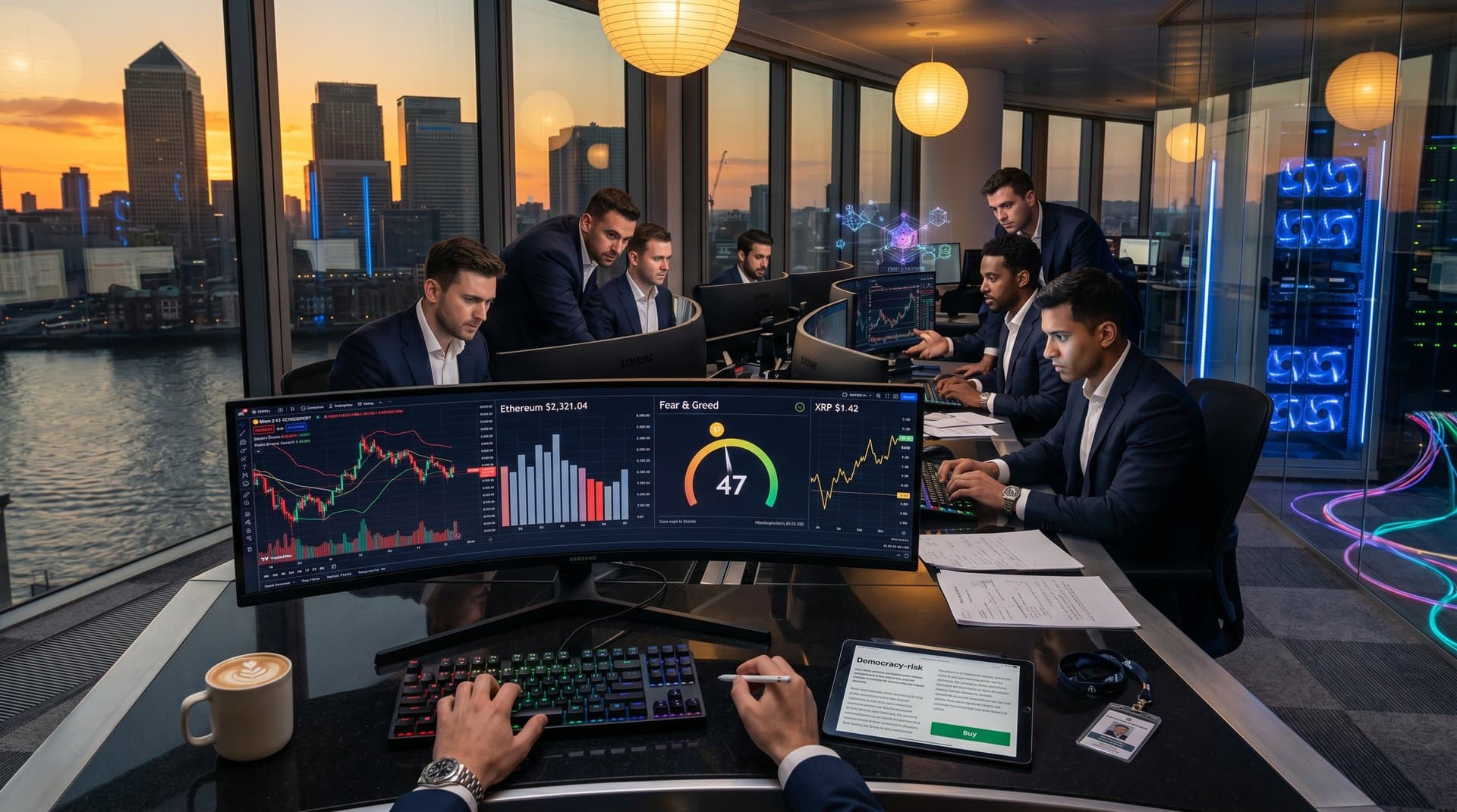 Bloomberg terminals display Bitcoin at $77,735, Fear & Greed Index 47 amid urban finance skyline