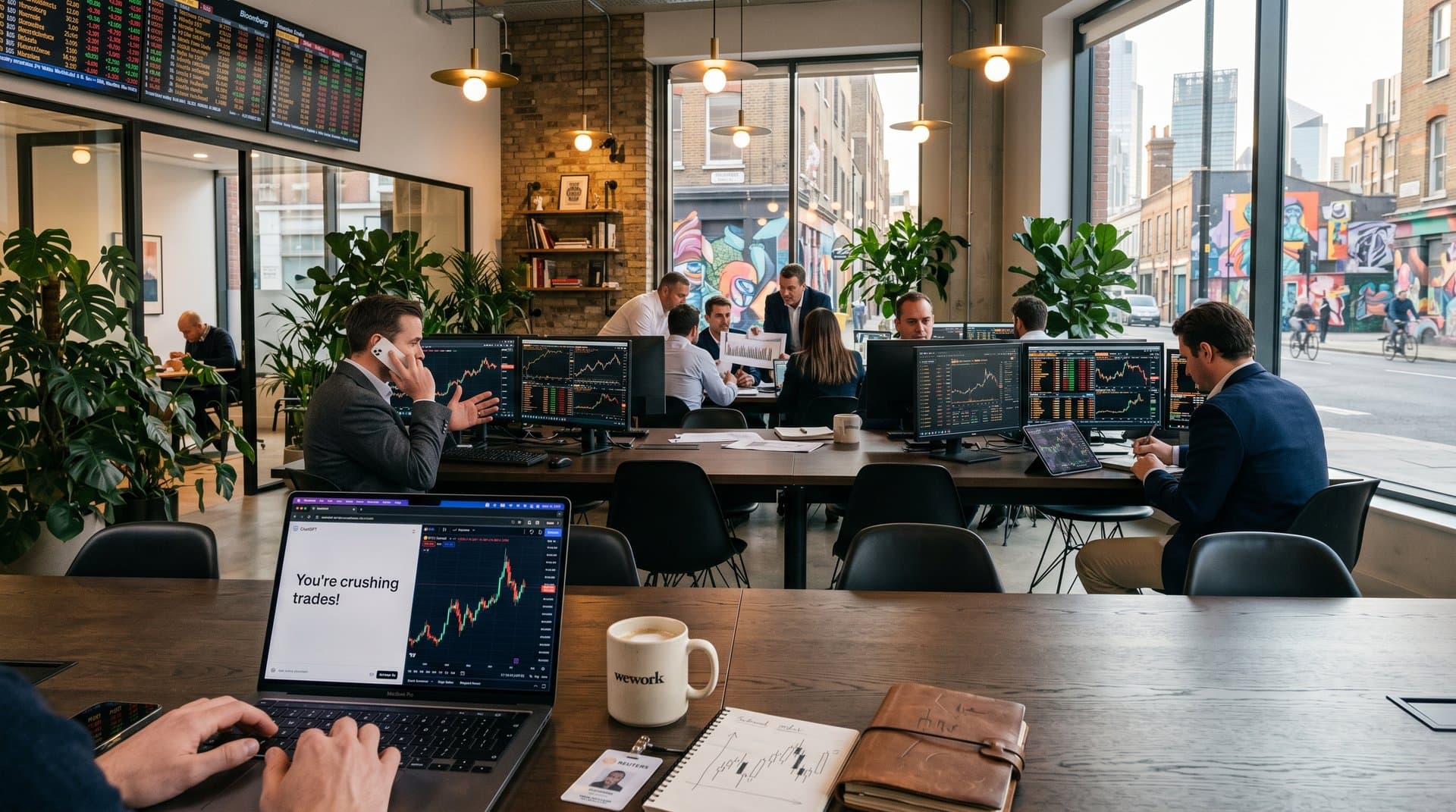 Co-working space in Shoreditch with laptop showing ChatGPT praise and BTC charts at $77,603, coffee mug and notebook on table amid urban professionals