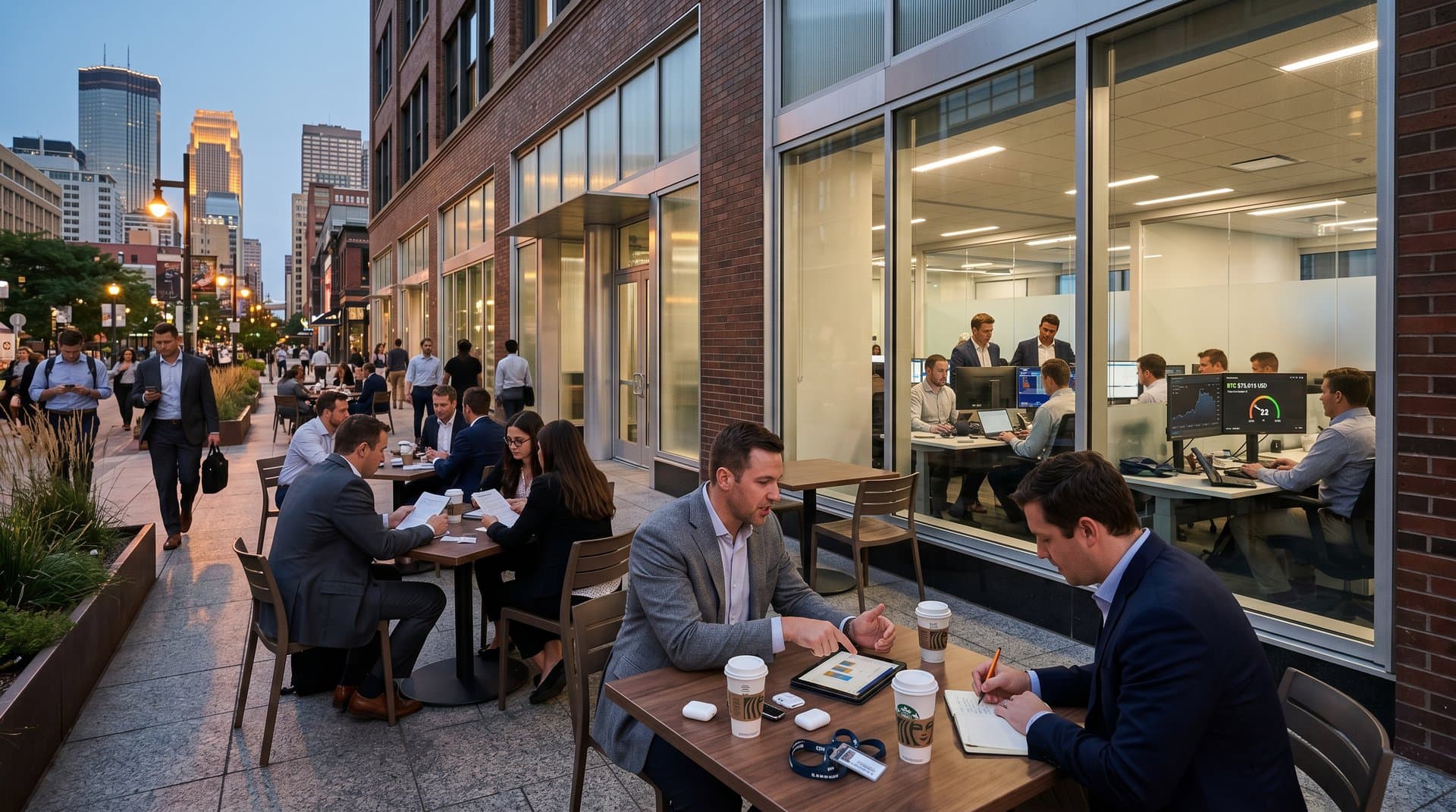 Nicollet Mall Minneapolis clean sidewalk without crypto ATMs, granite paths planters glass storefronts fintech monitors showing BTC $76K Fear & Greed 33, urban design renewal