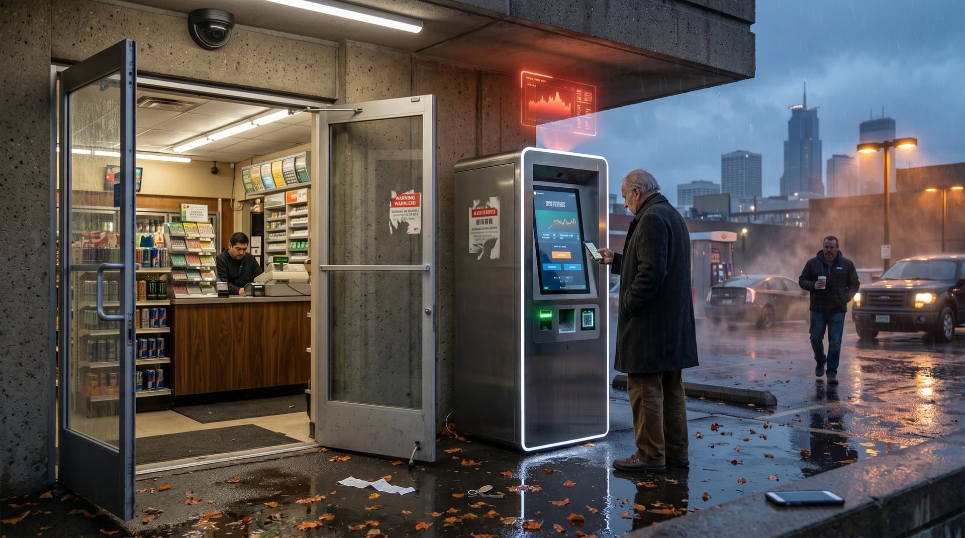 Minneapolis convenience store crypto ATM kiosk at dusk with Bitcoin price display and regulatory overlay in urban night scene