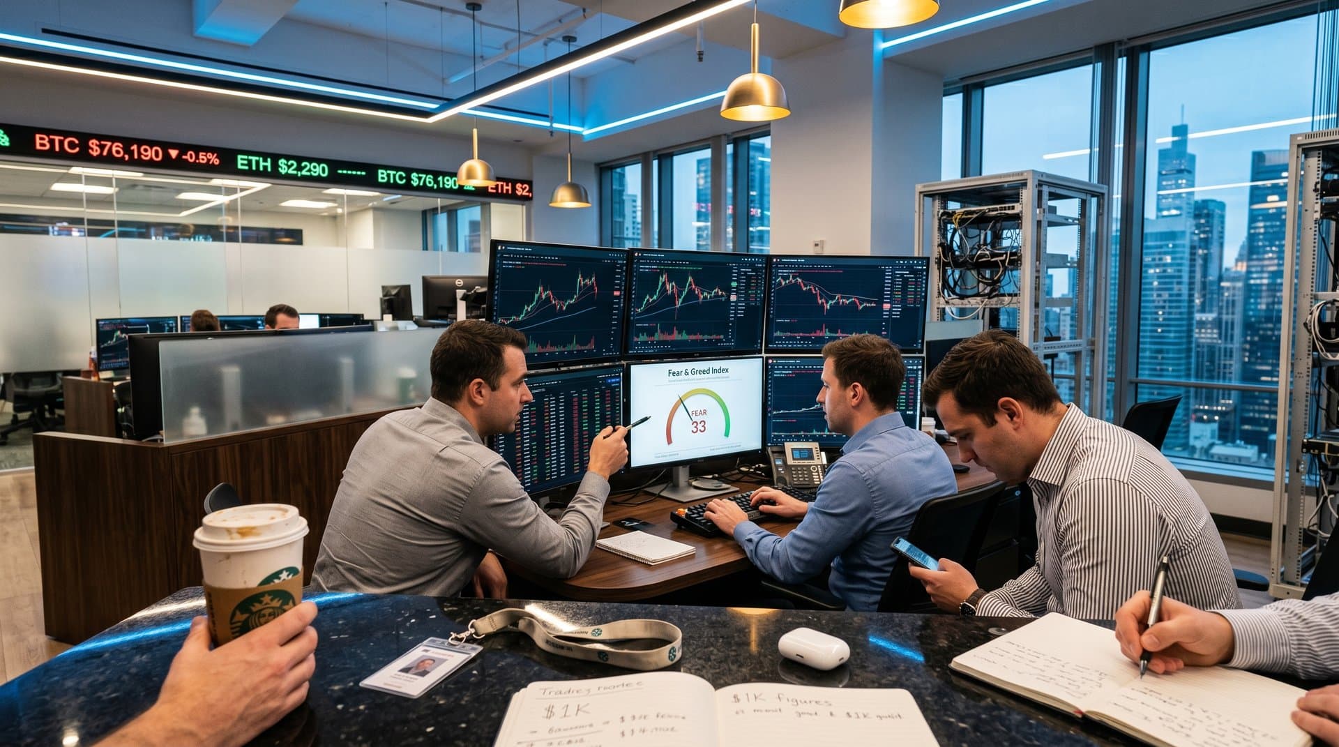 Trading desk monitors show XRP vs Cardano charts amid coffee, keyboards, and LED-lit market data on walnut surfaces