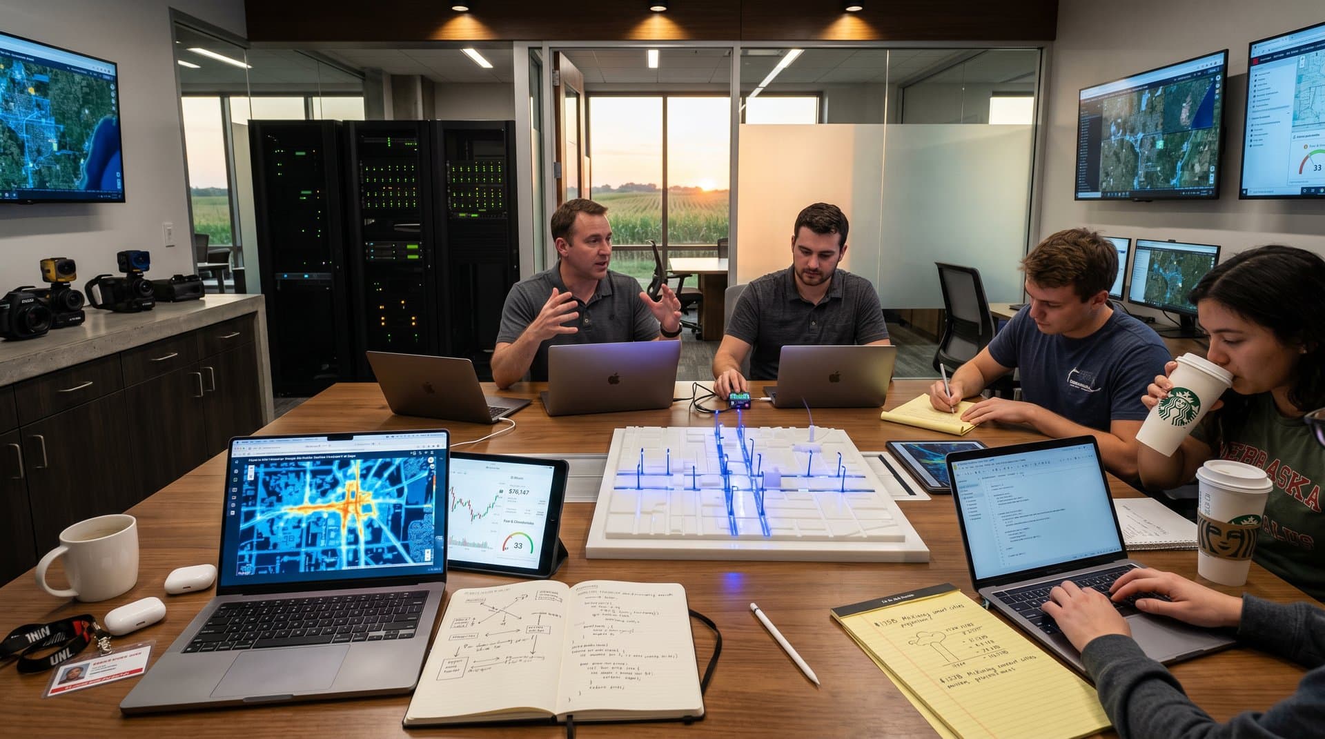 University lab scene with AI smart city models, traffic heatmaps, and crypto charts during Husker AI Days in Nebraska