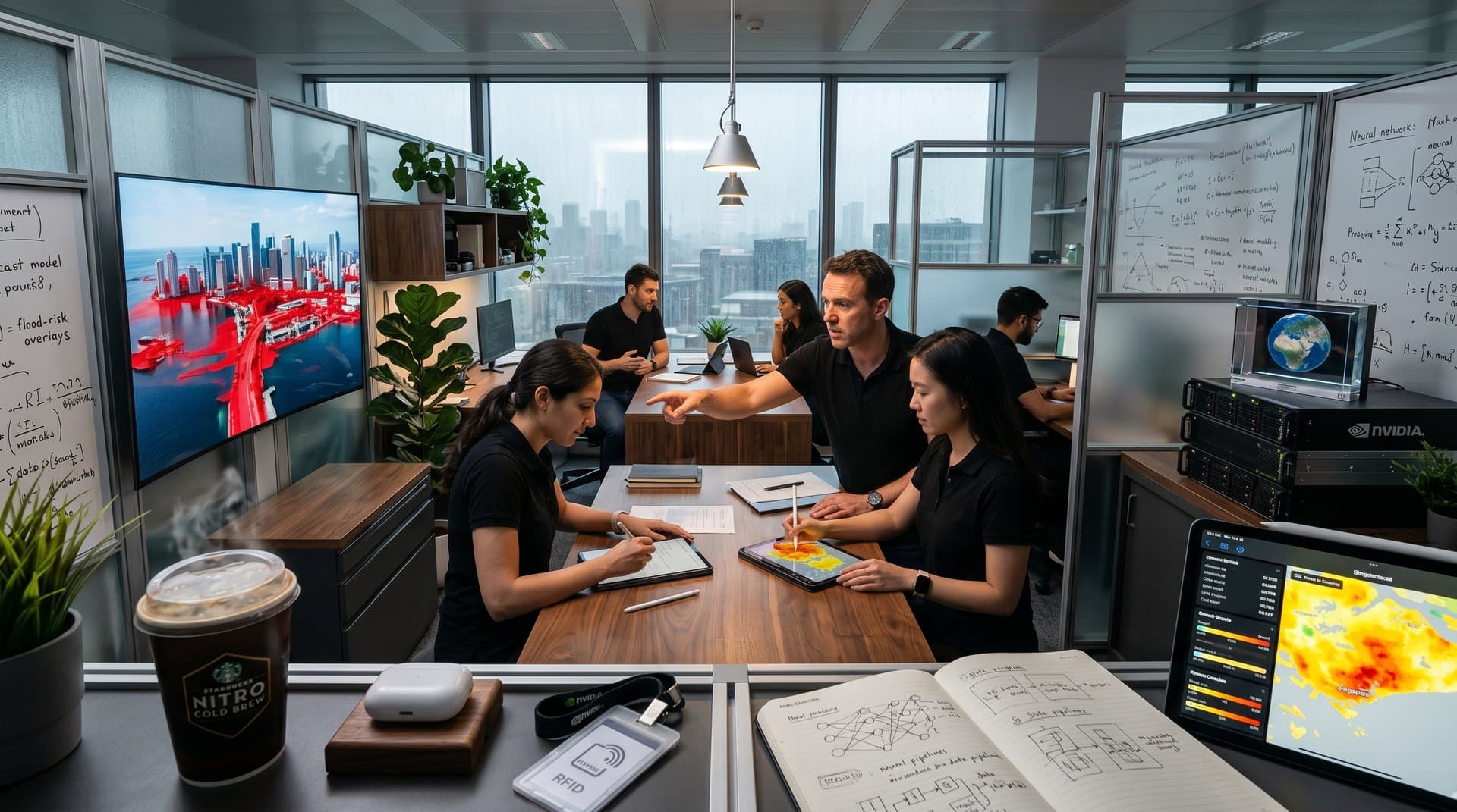 3D AI-driven climate simulations on curved monitors in sleek lab: flood maps on Miami, heat islands on Singapore, with aluminum partitions and holographic projections