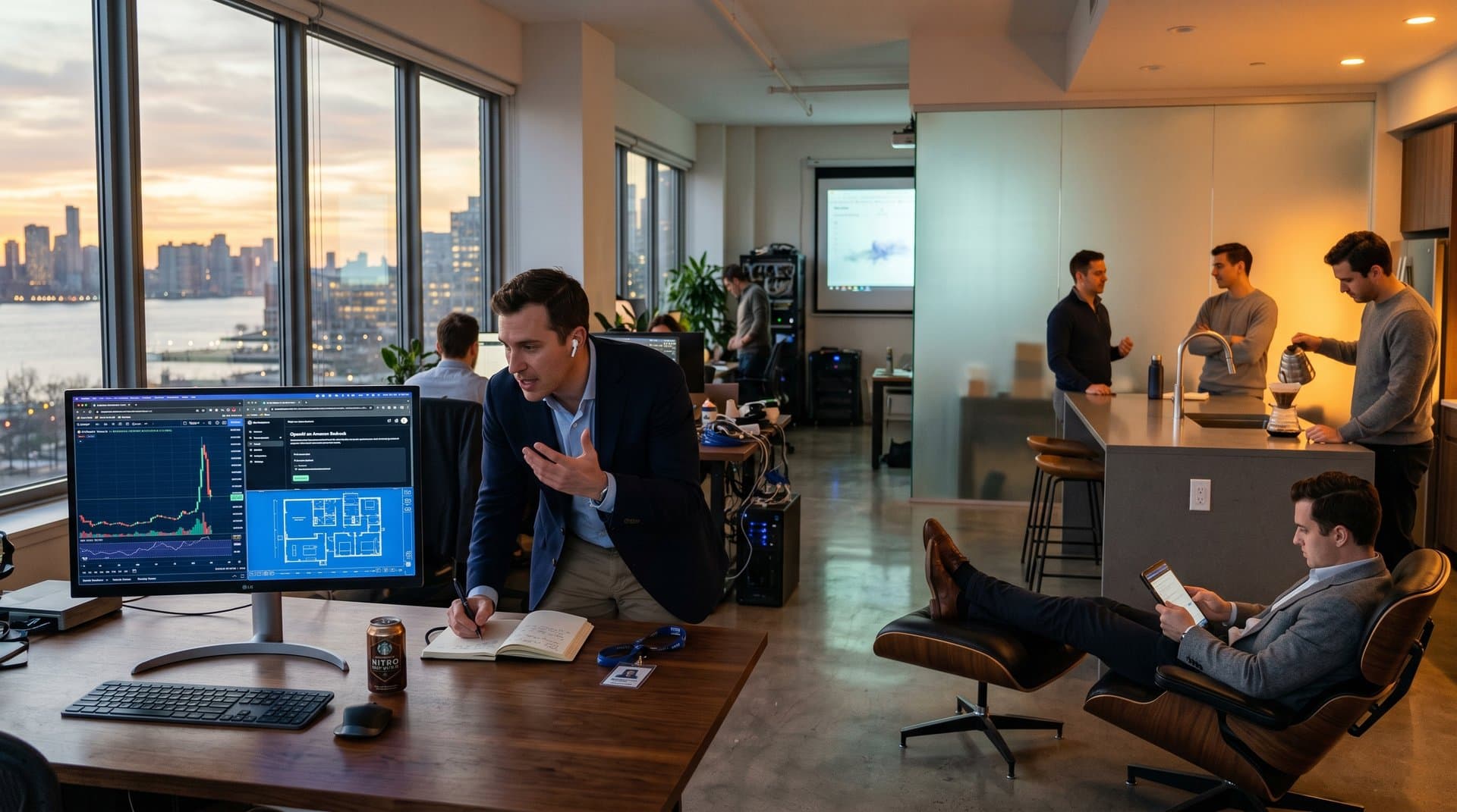 Manhattan loft with OpenAI on Amazon Bedrock UI on LG monitor, BTC $76K USD chart, BDDW walnut desk, Hansgrohe fixtures, and Philips Hue smart lighting in luxury urban design