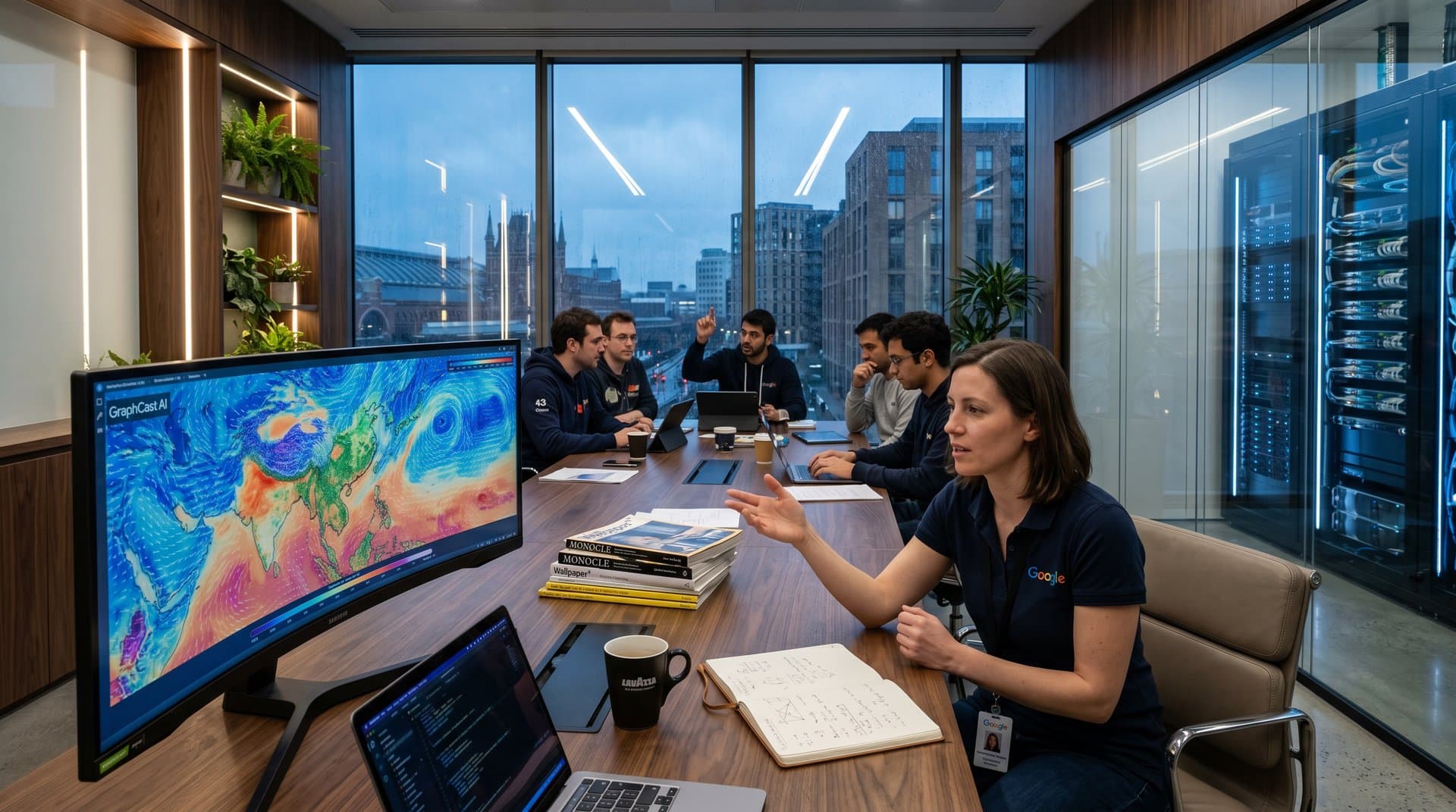 Google DeepMind lab with desks, monitors showing urban climate simulations, server racks, London skyline