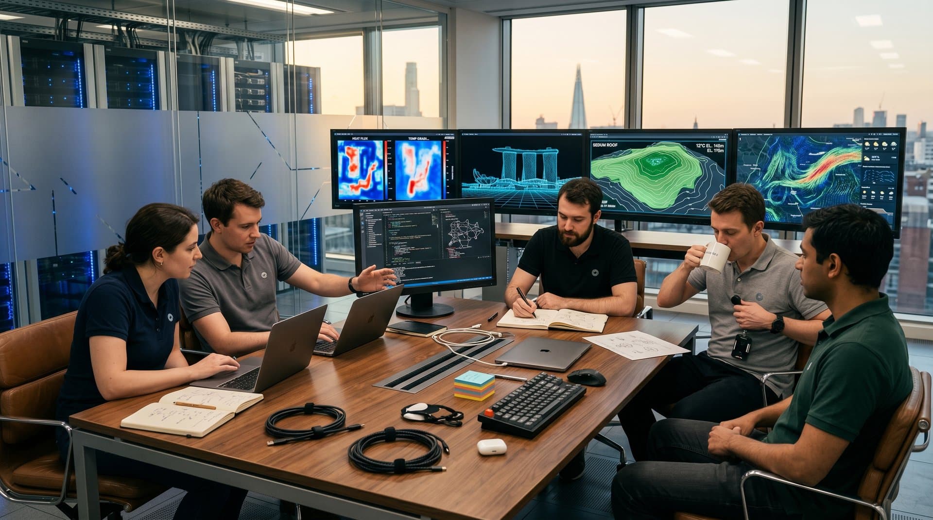 Google DeepMind lab with AI climate models on multi-monitor setups amid walnut tables, frosted glass, and LED-lit servers