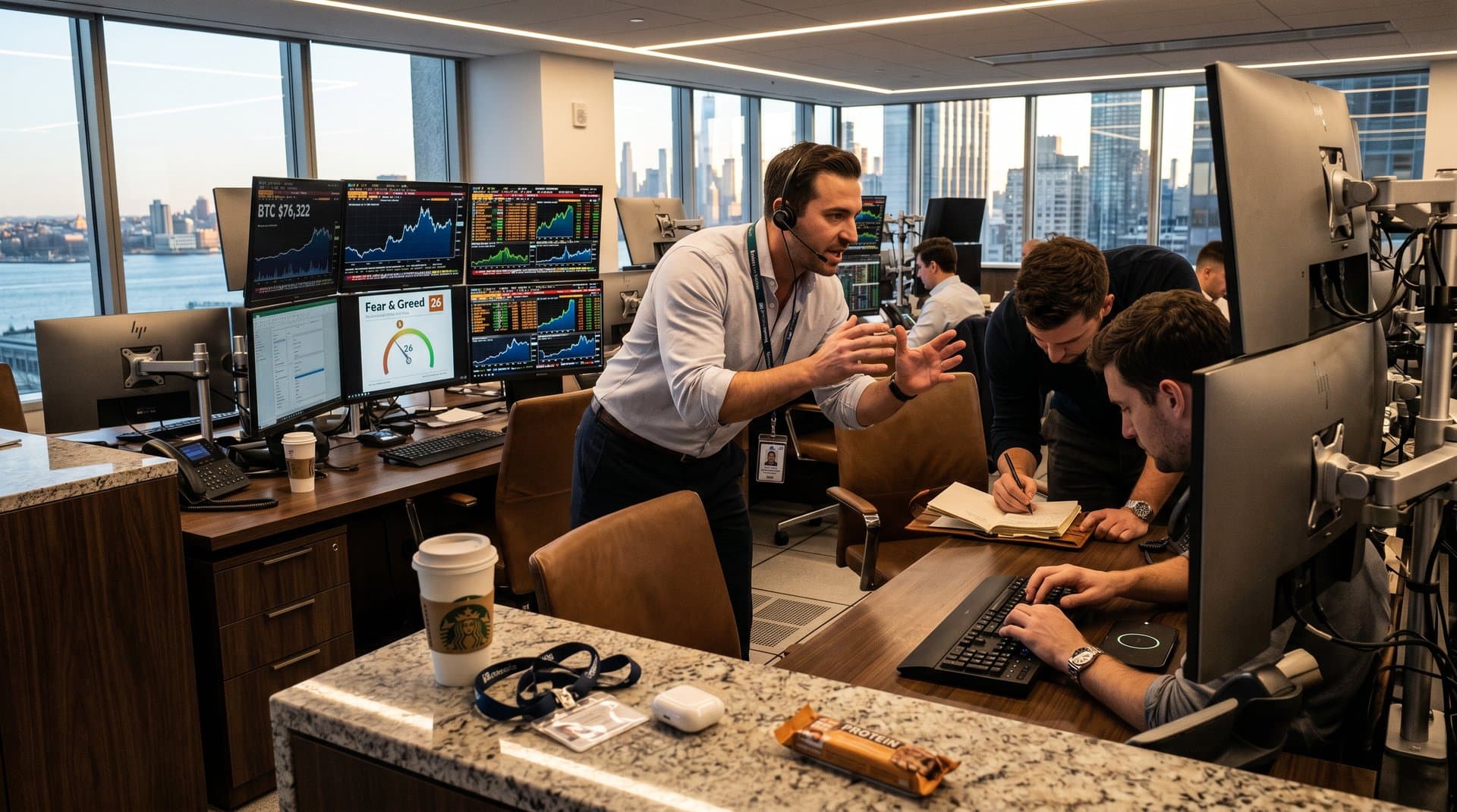 Walnut desks with Bloomberg screens showing cryptocurrency stocks and BTC $76K charts on modern trading floor with city skyline