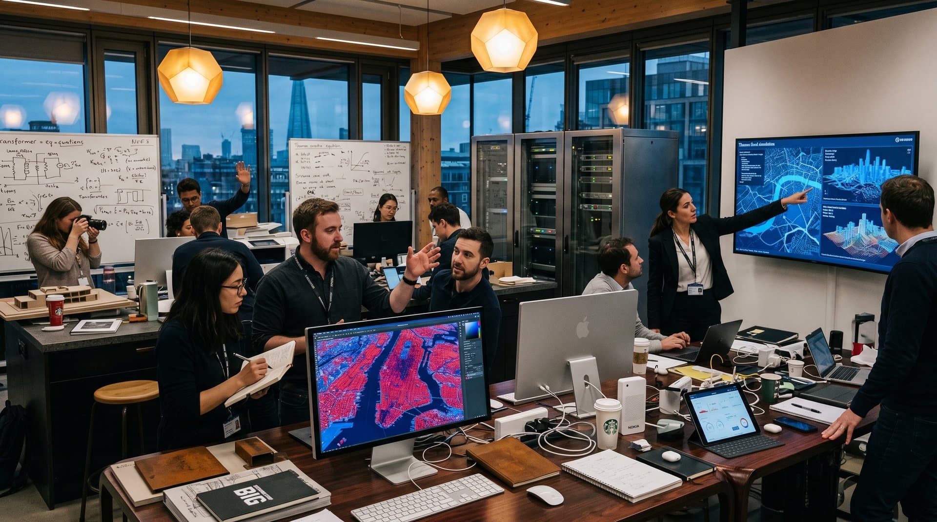 3D urban heat maps and climate simulations on displays in a Hopkins Architects-style lab with rosewood desks, smart glass, server racks, and etched partitions