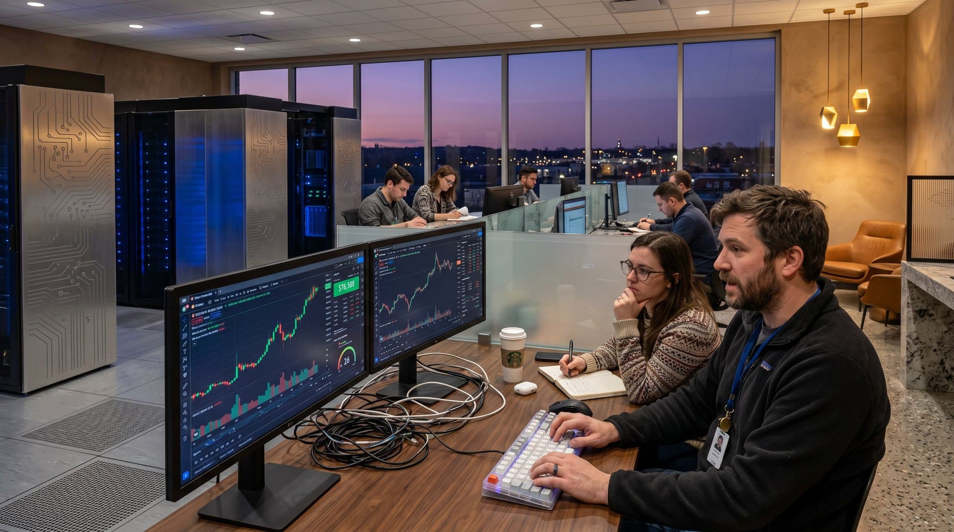 Raised-floor data center with crypto monitors, frosted glass, terrazzo floors, and Rochester suburban skyline