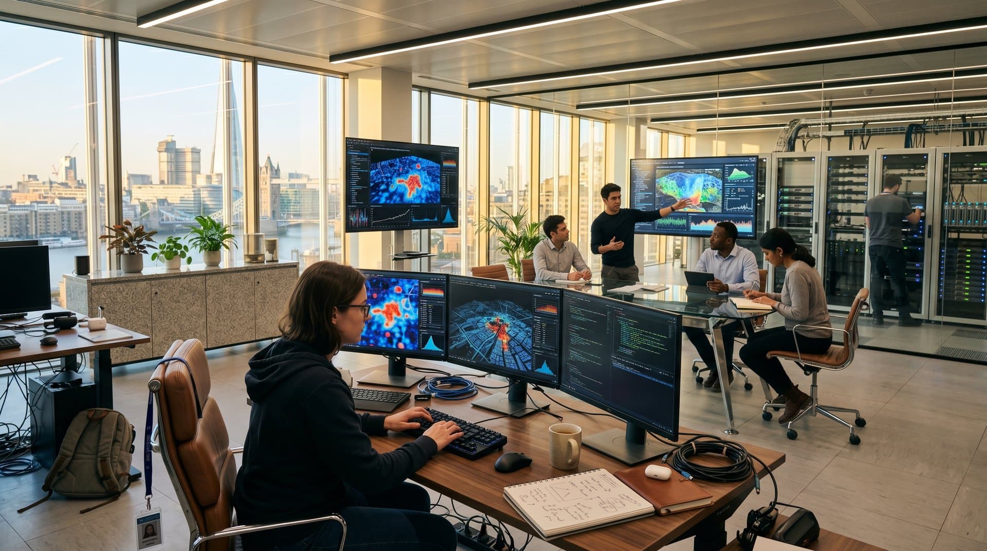 AI lab displays urban heatmaps, 3D city grids, and climate simulations amid high-tech server pods