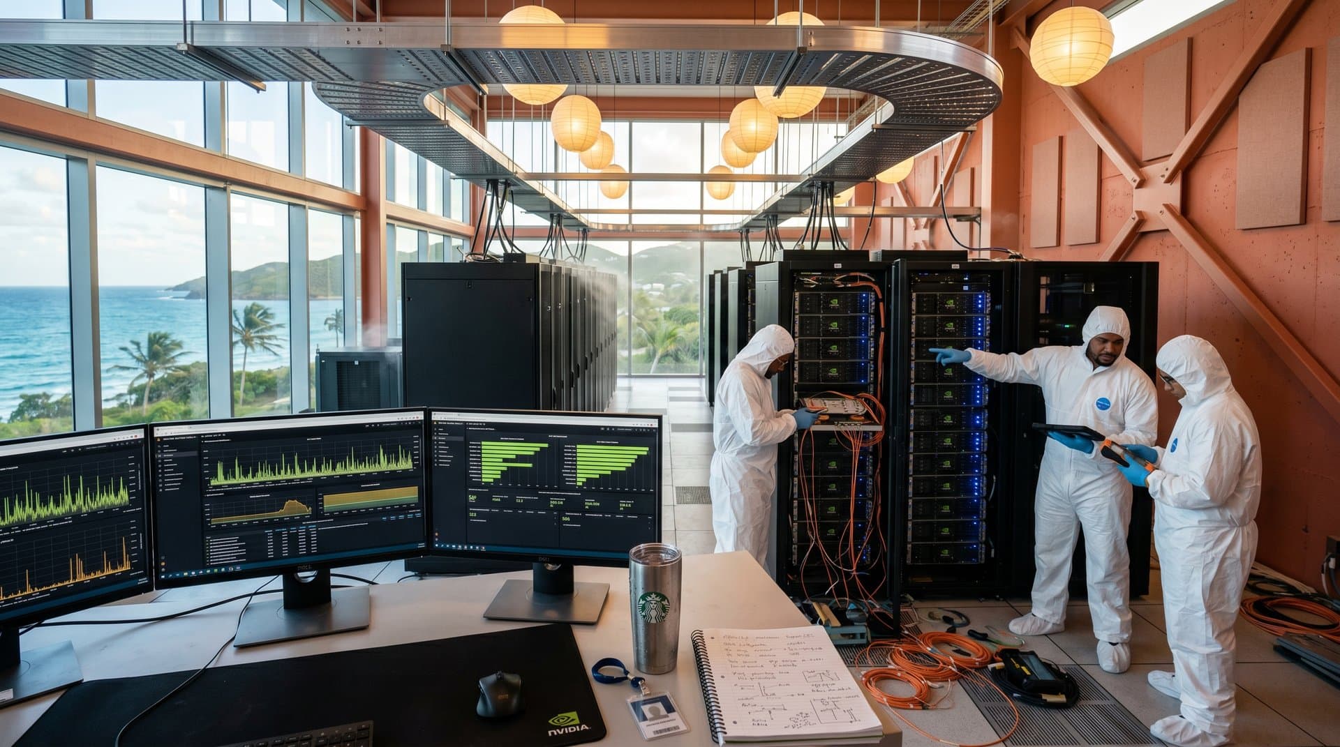 Engineers in St. Kitts data center monitor NVIDIA GPU racks with ocean views