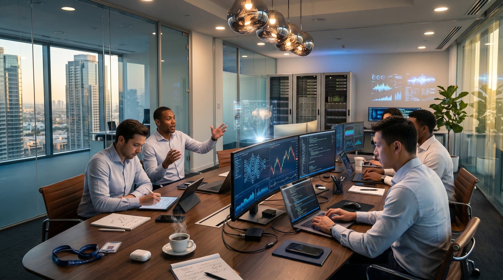 Modern workspace with walnut table, AI monitors, frosted glass, and crypto charts under designer lights