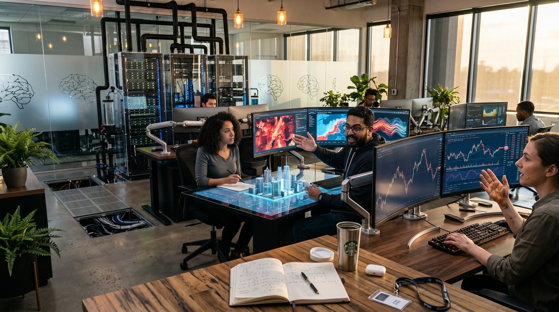 High-tech lab displays AI urban climate models, heat maps, smart city holograms, and crypto charts in modern workspace